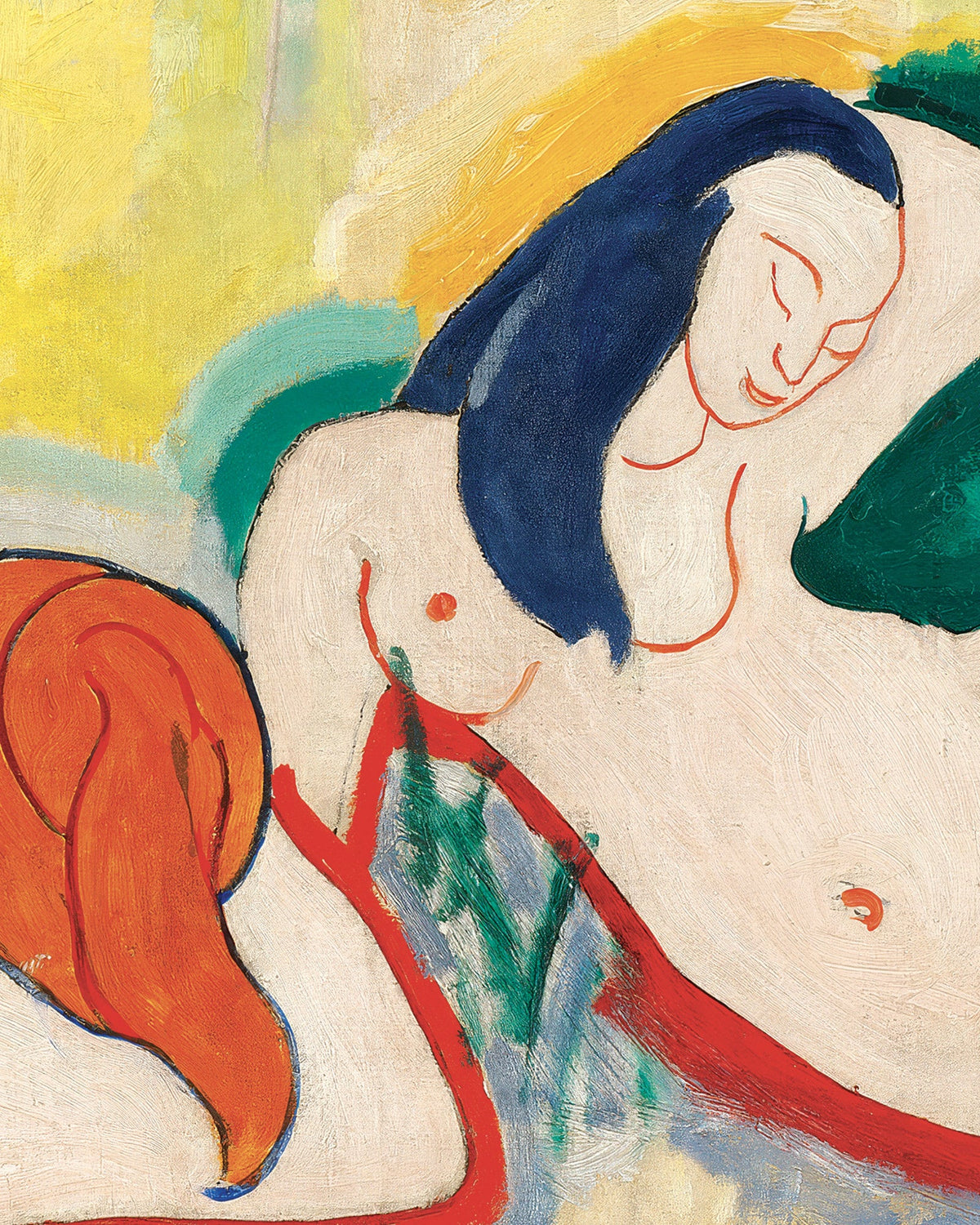 Detalj av en målning av Henri Matisse: en liggande naken kvinna med mörkblått hår mot gult, grönt och rött