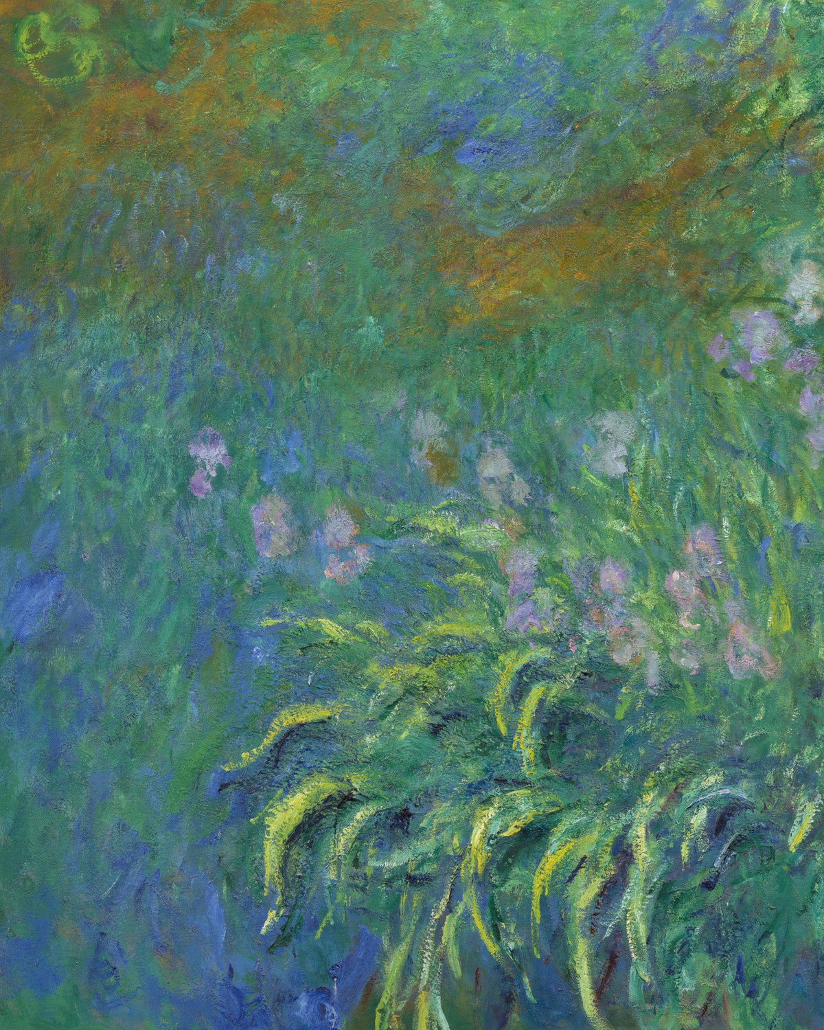 Detail of a Claude Monet painting of irises: green leaves and pale purple flowers in loose brushstrokes