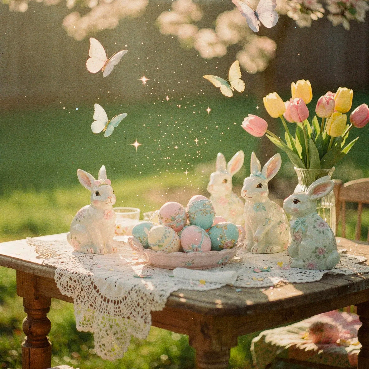 Easter table outdoors with ceramic bunnies, a bowl of pastel painted eggs, tulips and white butterflies in spring sunlight