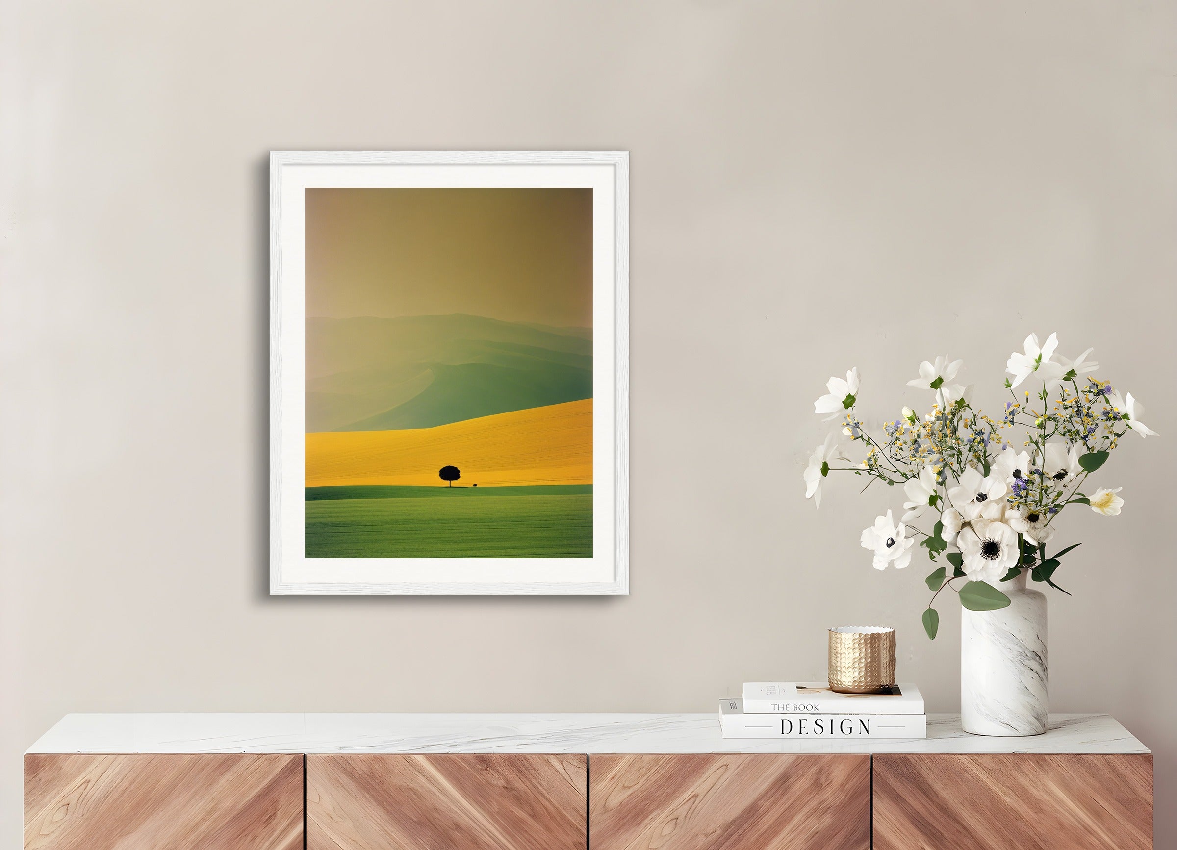 Poster with wood frame: Colorful and abstract images, capturing geometric compositions in landscapes,