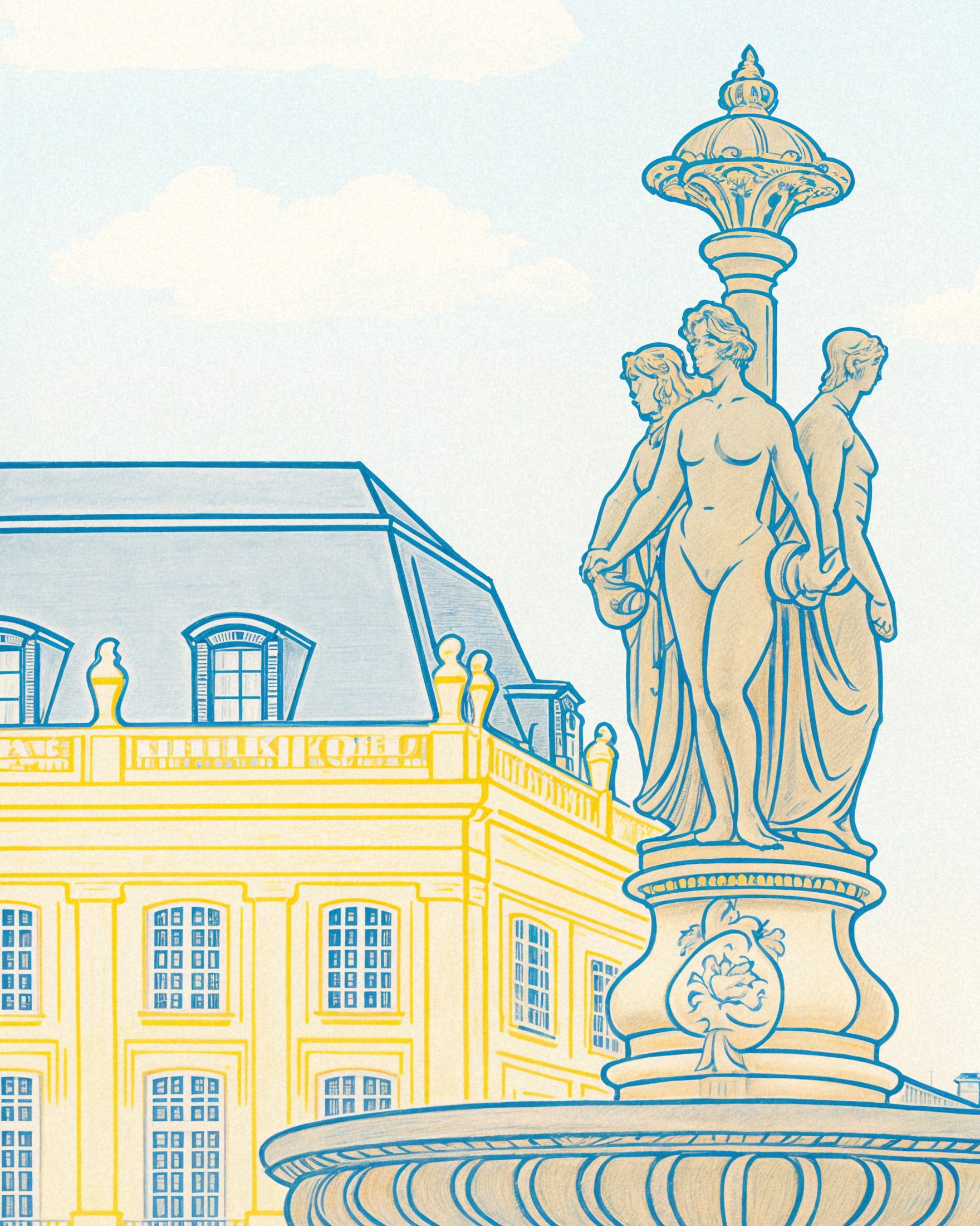 Bordeaux Affisch – Place de la Bourse & Fontän Konsttryck i Mjuka Pasteller Poster