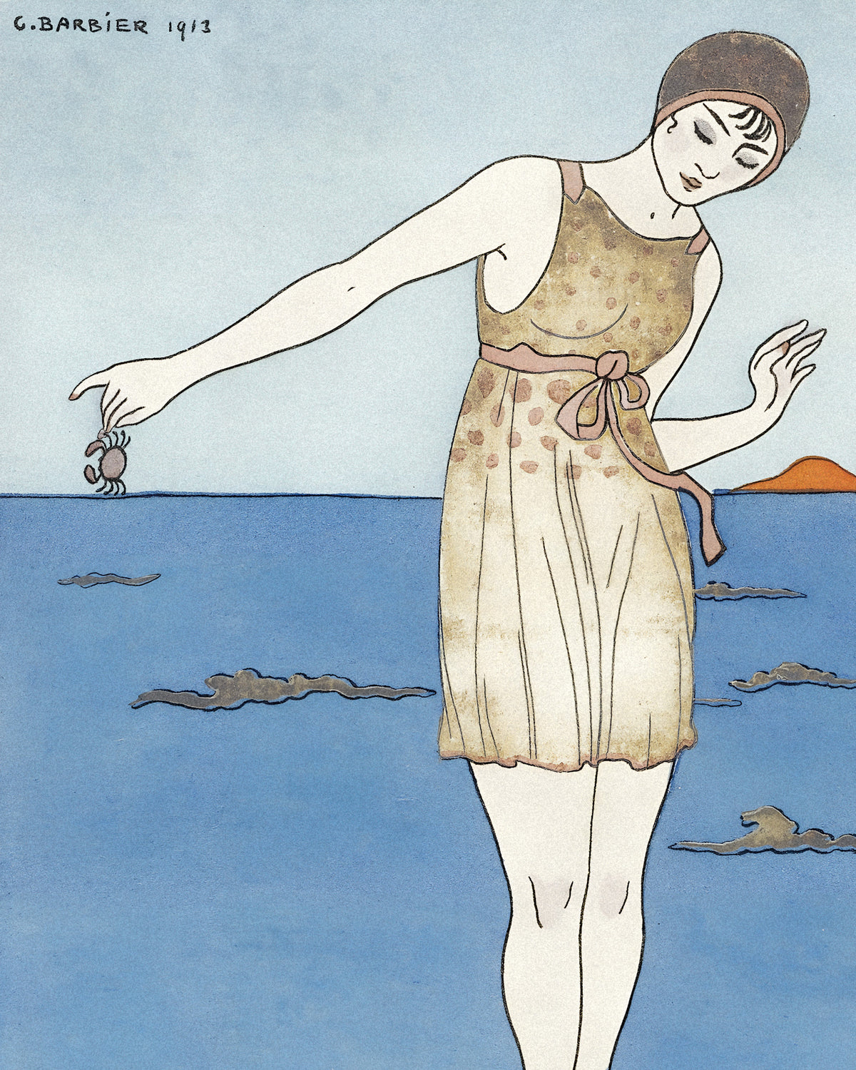 Art Deco style illustration by G. Barbier (1911) depicting a woman in a beige patterned dress and brown head covering standing in blue water, holding a small crab.