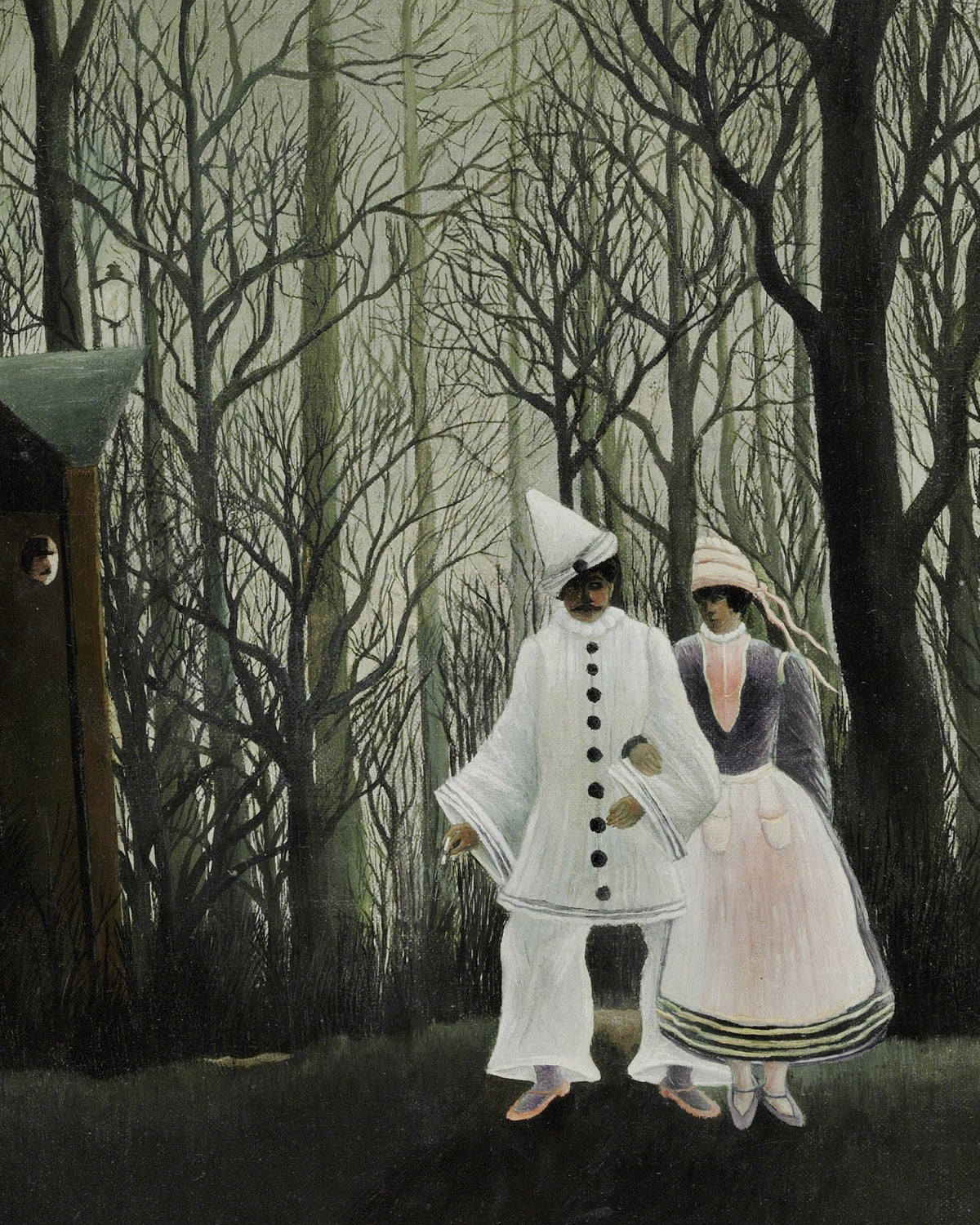 Surrealistisk målning av två figurer i en mörk, trädlös skog. Den ena figuren bär en vit dräkt med knäppning framtill och en spetsig vit hatt, den andra en ljusrosa och grå klänning.