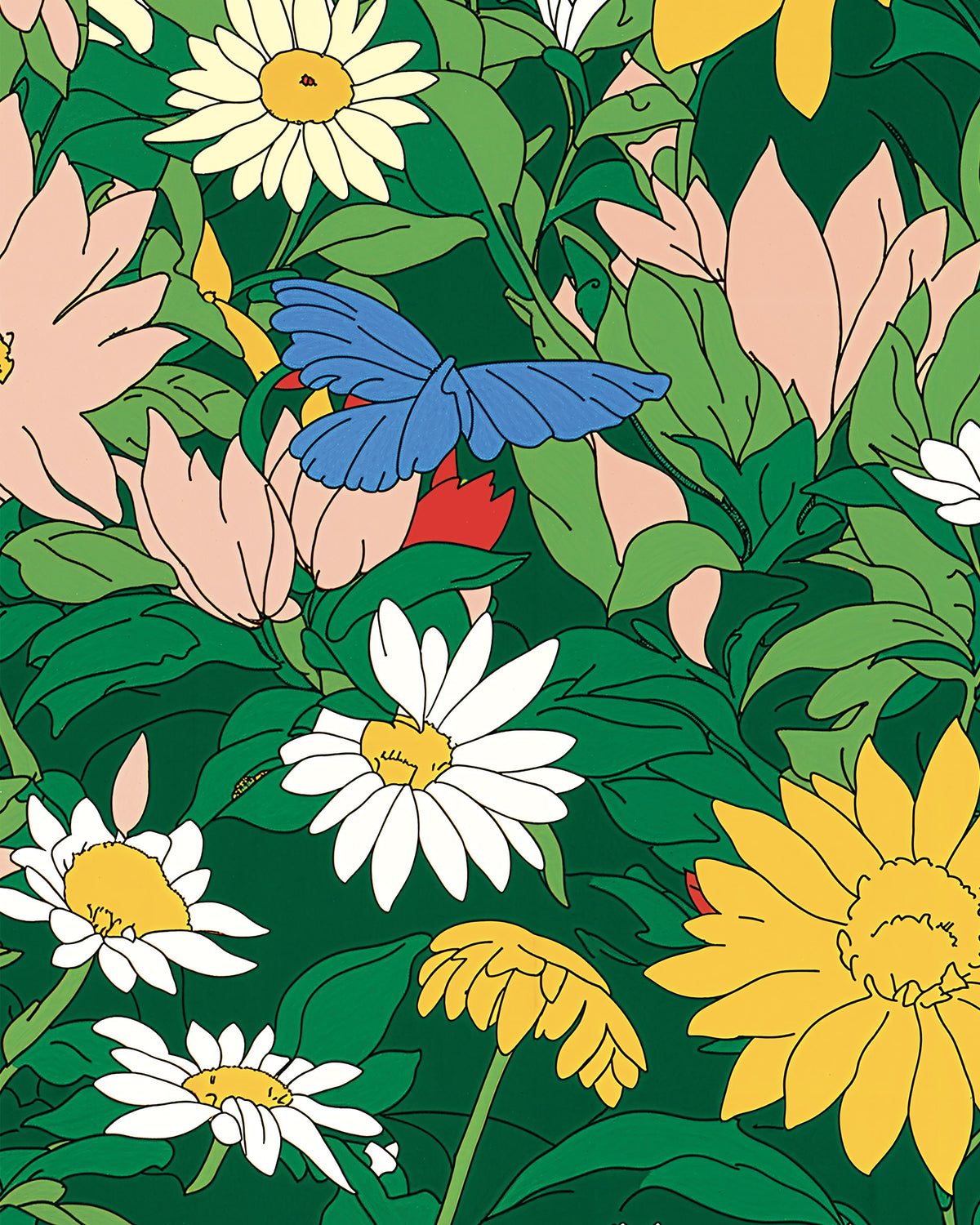 En färgstark blommig mönsterillustration med vita och gula prästkragar, rosa blommor, gröna blad och en blå fjäril mot mörkgrön bakgrund.