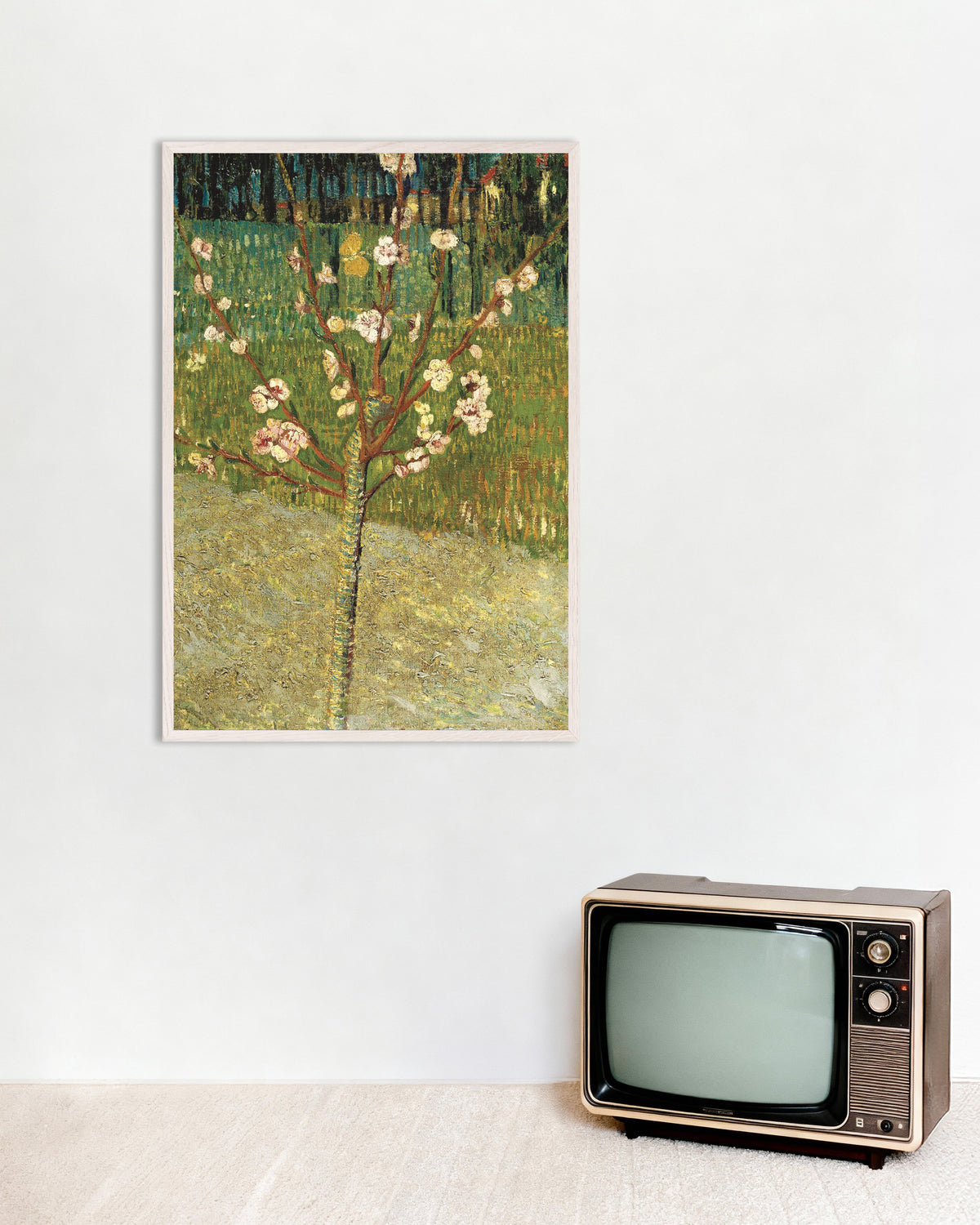 Poster med Mandelträd i blom (1888) av Vincent van Gogh, med vit träram