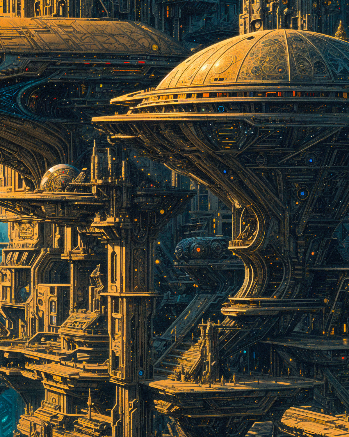 Detaljerad sci-fi-arkitektur med utsmyckade kupoler, höga byggnader och intrikata mekaniska detaljer i varma guld- och bruna toner med små blå, lysande accenter.