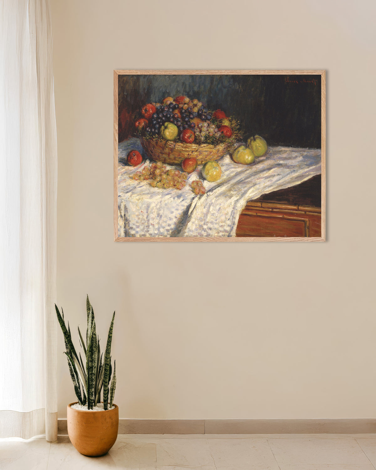 Poster Äpplen och vindruvor (1879–1880) av Claude Monet med ram i naturträ