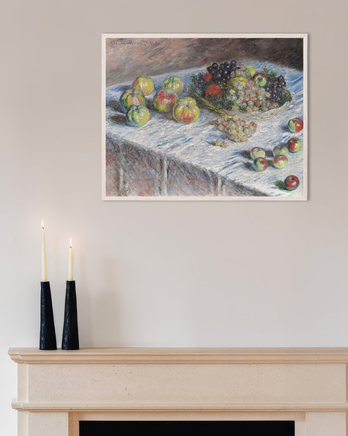 Poster Äpplen och vindruvor (1880) av Claude Monet med vit träram