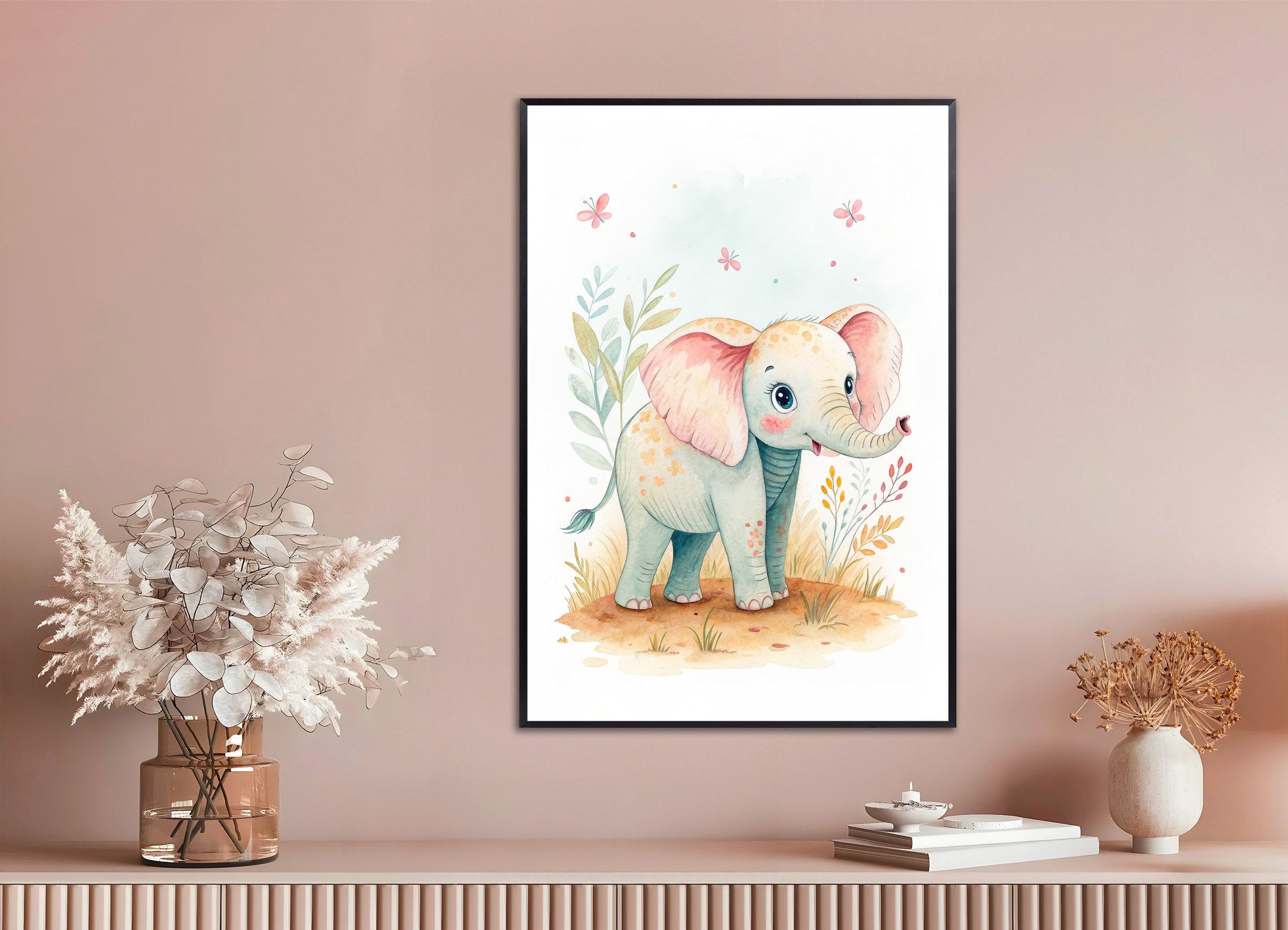 Poster of Baby Elephant Poster - Safari Nursery Wall Art, with metal frame