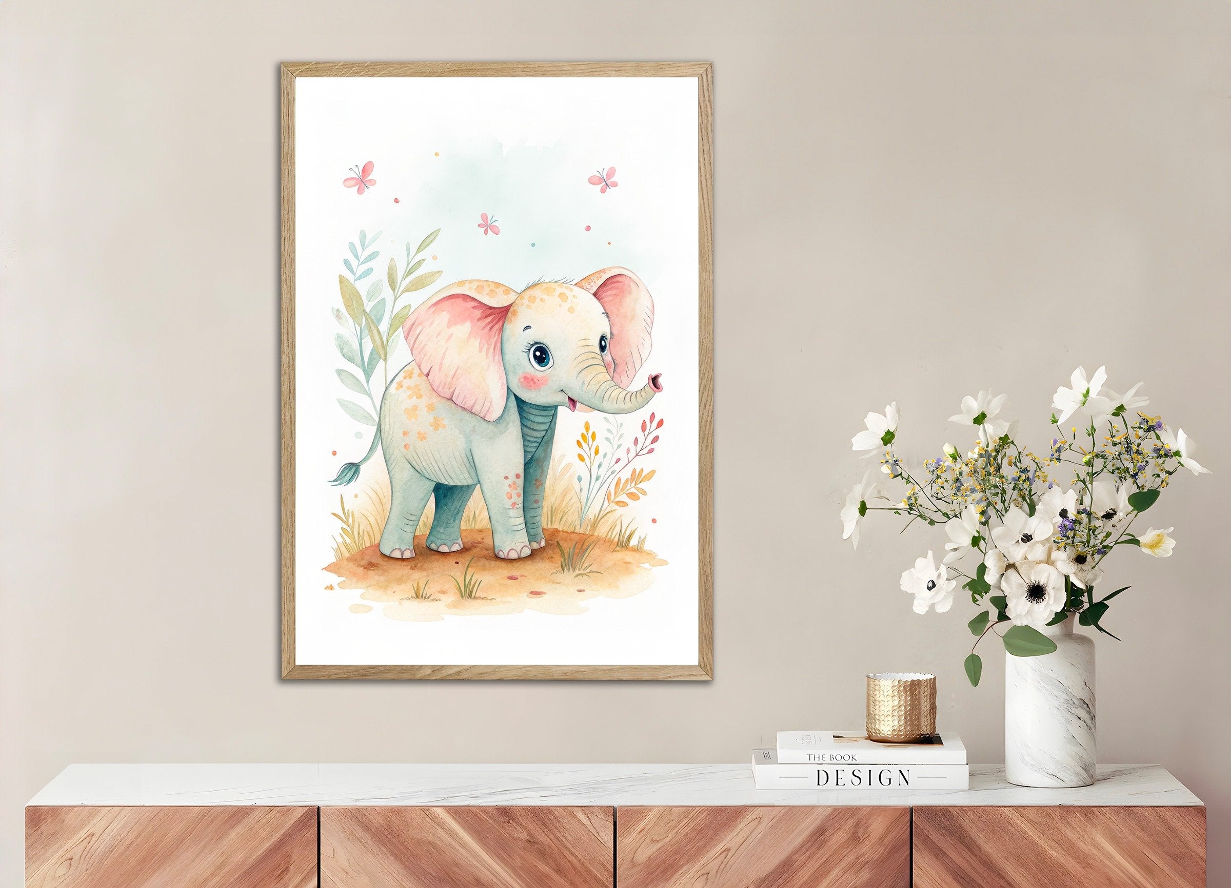 Poster of Baby Elephant Poster - Safari Nursery Wall Art, with natural wooden frame