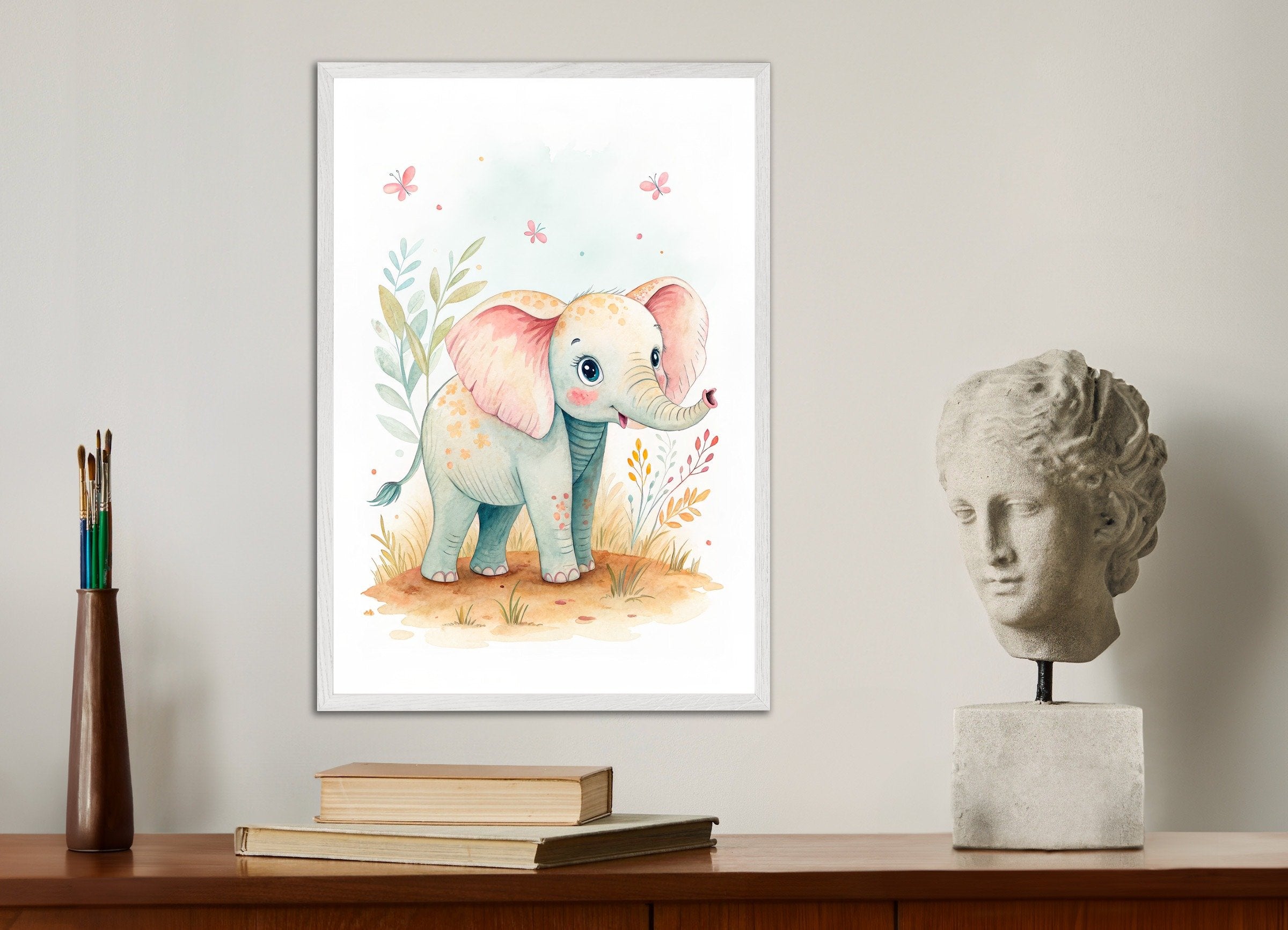 Poster of Baby Elephant Poster - Safari Nursery Wall Art, with white wooden frame