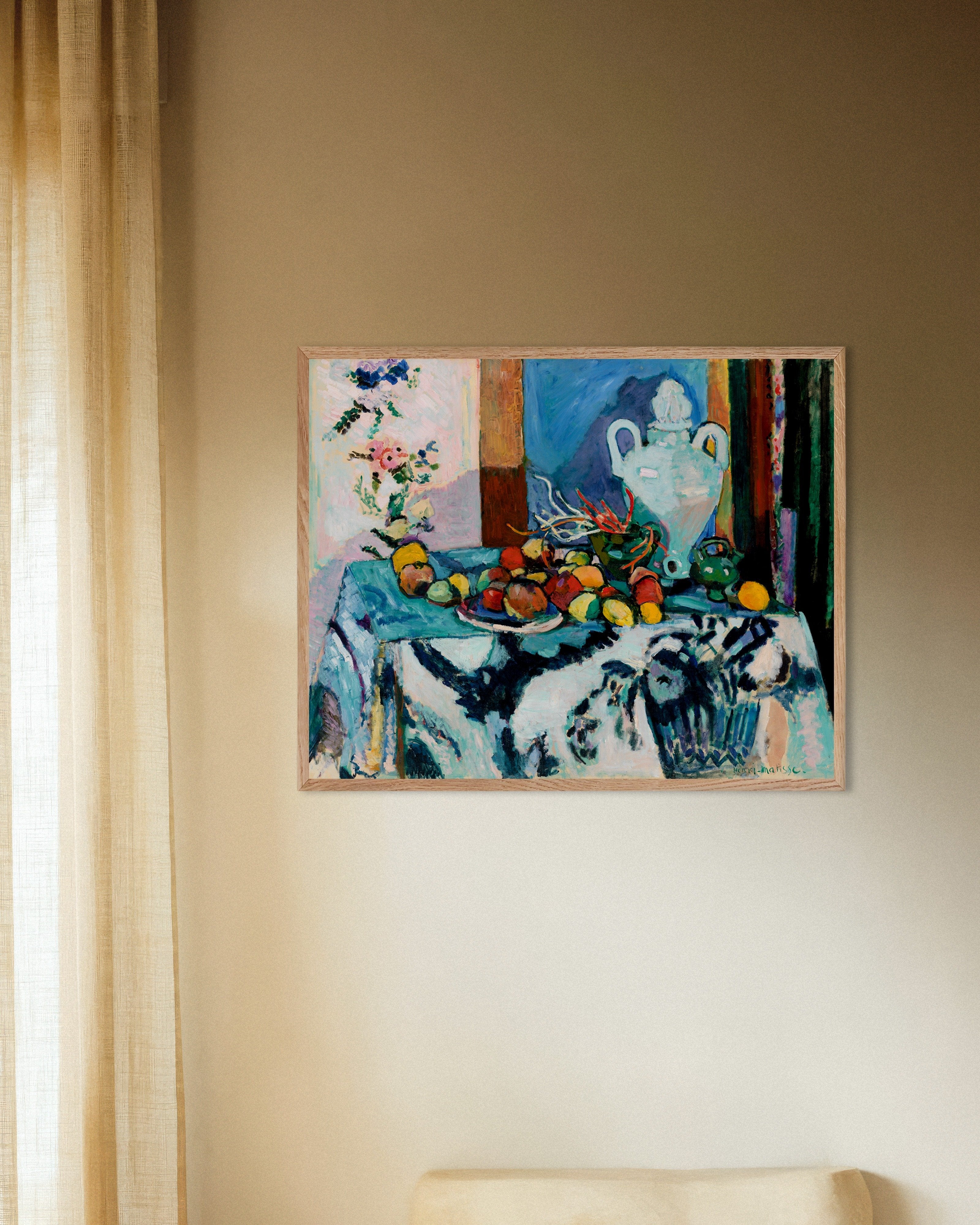 Poster of Blue Still Life (1907) by Henri Matisse, with natural wooden frame