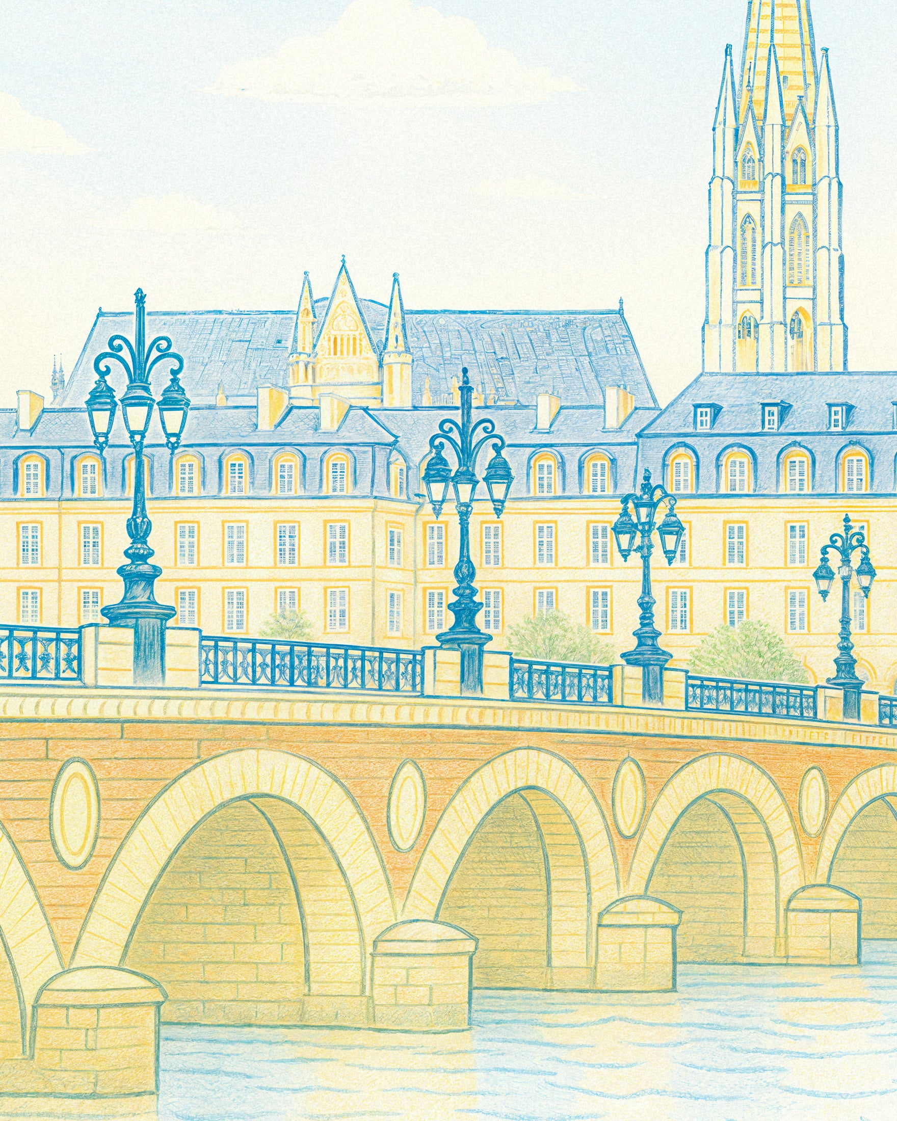 Bordeaux Affisch – Handritad Stadssilhuett Konsttryck i Mjuka Pasteller Poster