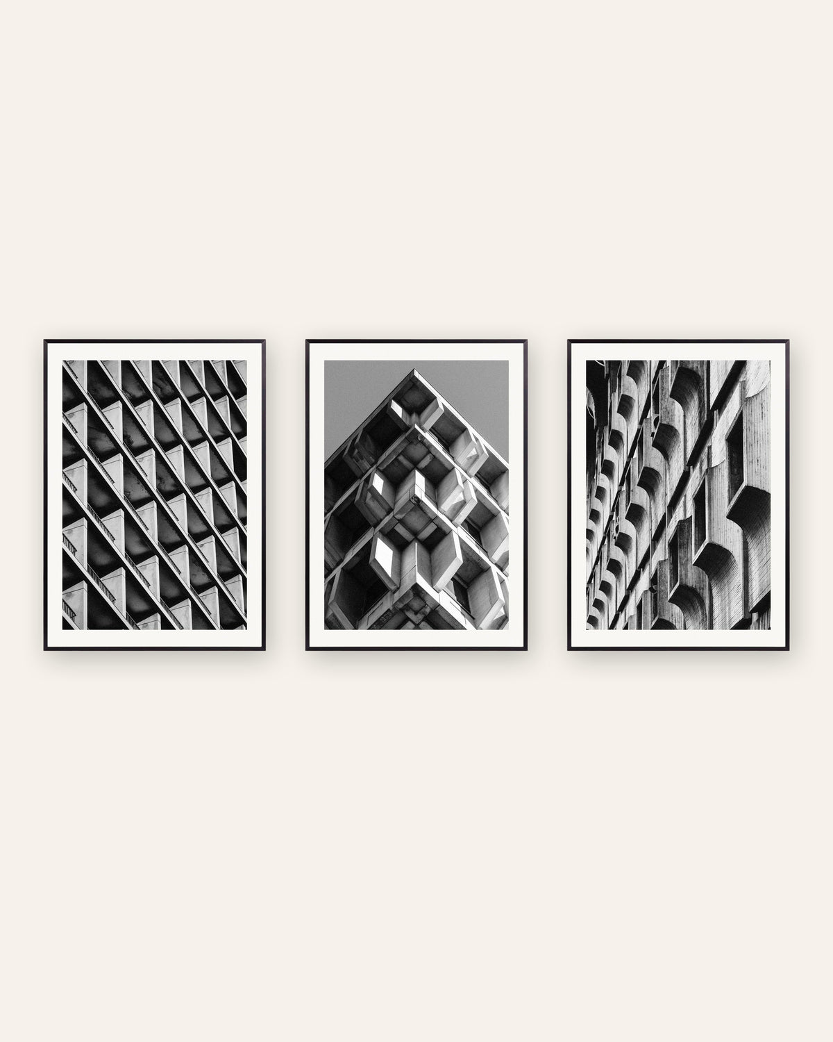 Brutalism-posters, set med 3: mönster i betong, i svarta metallramar