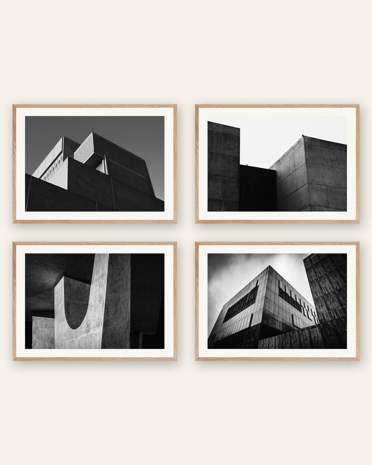 Brutalism-posters, set med 4: minimalistiska betongvolymer, i ramar av naturek