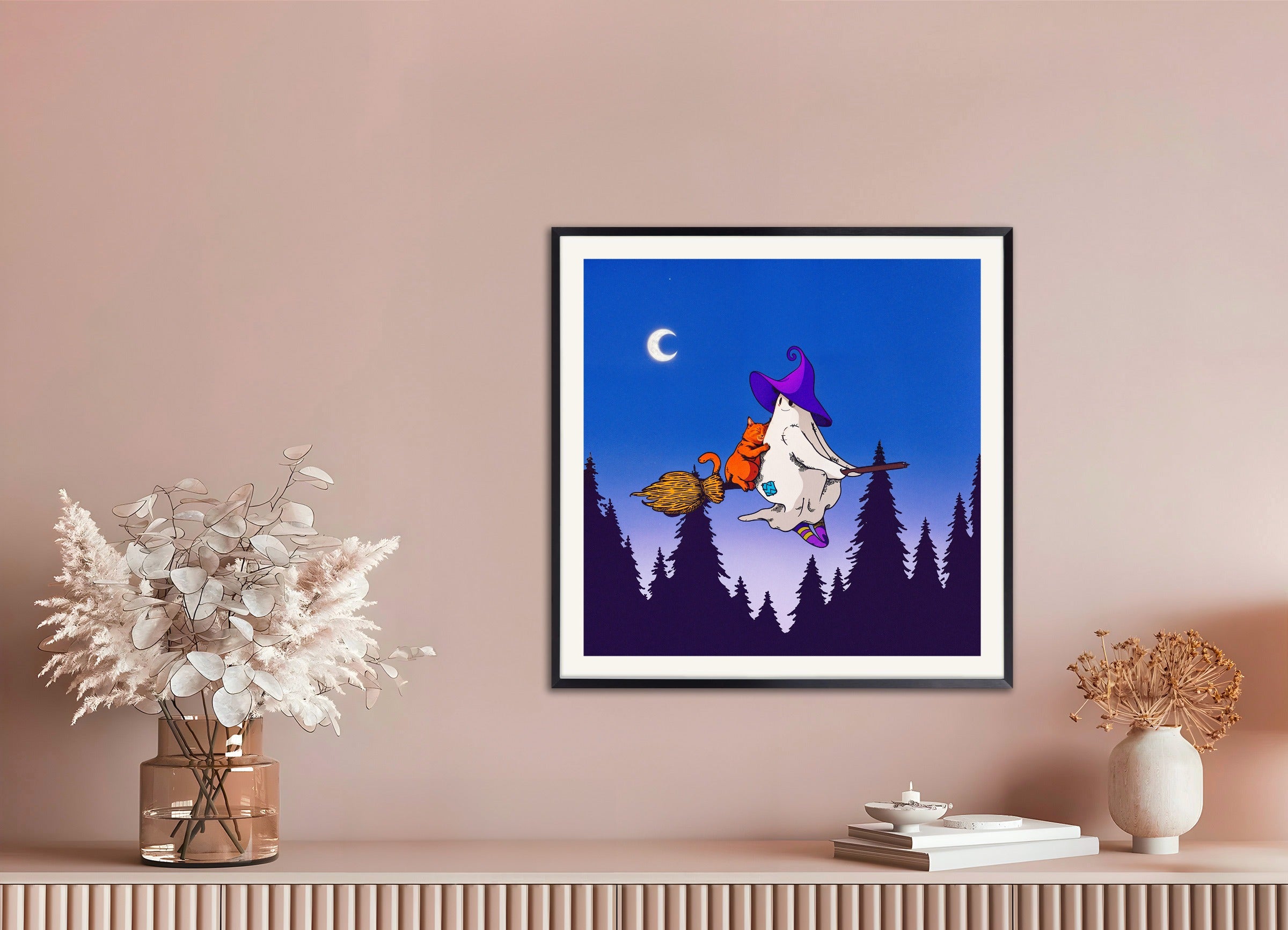 Poster with metal frame: A ghost and a cat on a flying broom