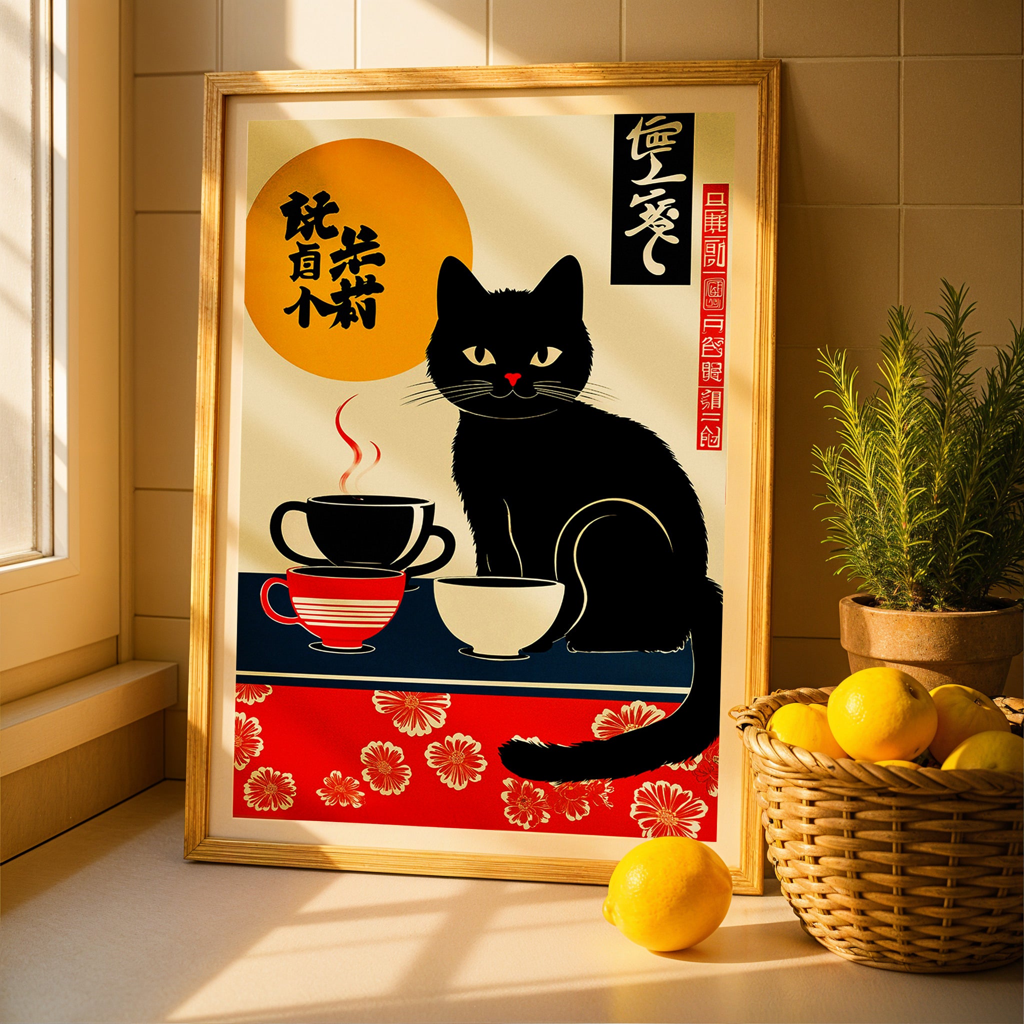 Japanskt vykort, katt med kaffekoppar