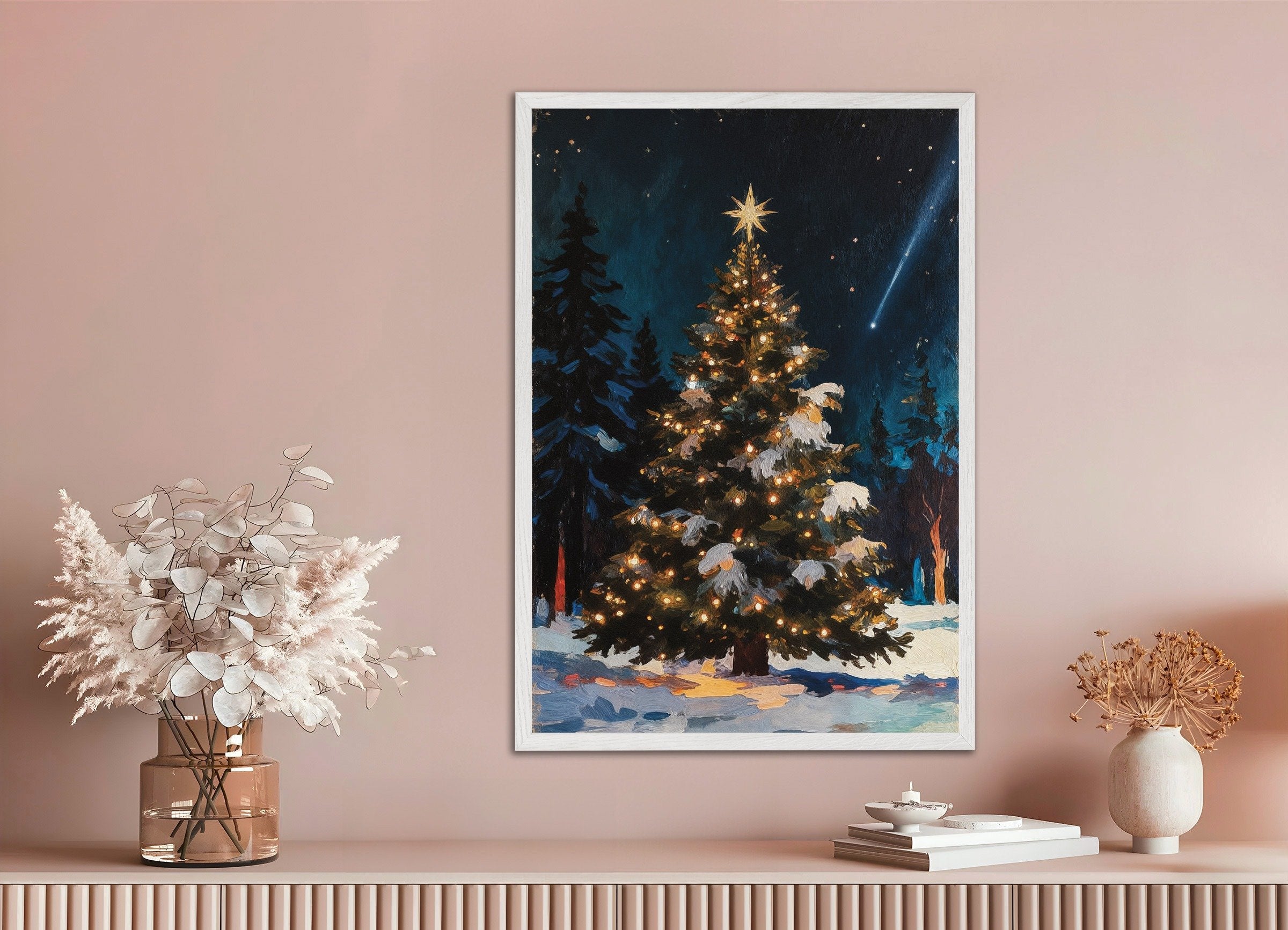 Poster of Christmas tree in the forest wall art print, with white wooden frame