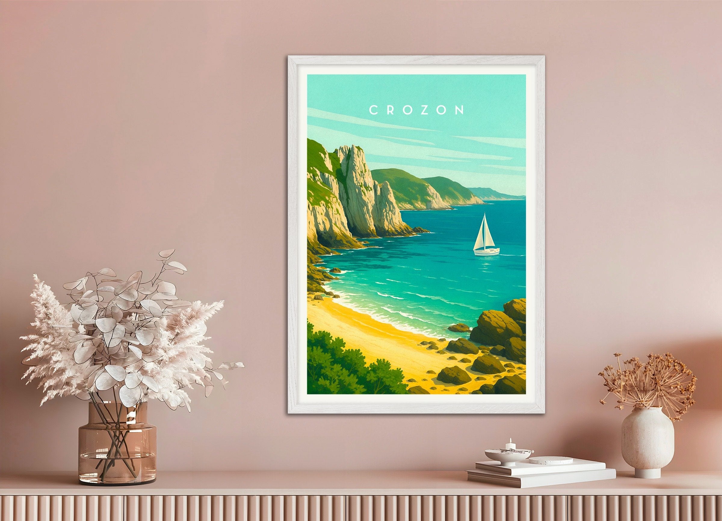 Poster of Crozon Travel Poster - Brittany Coast, with white wooden frame