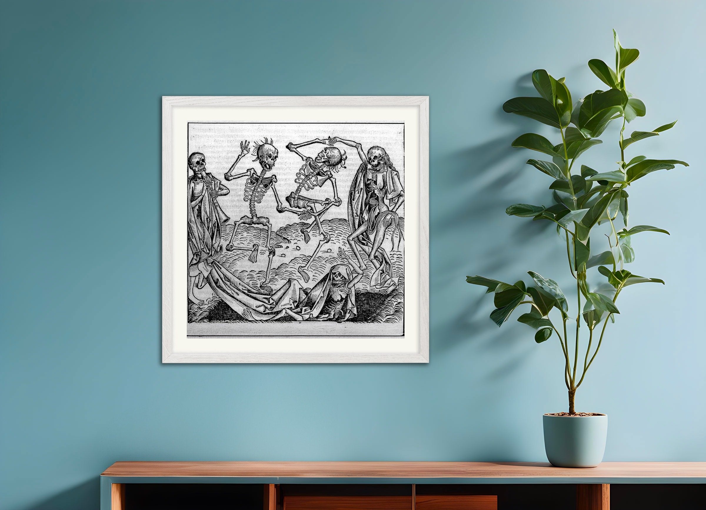 Poster of Danse Macabre - Liber chronicarum by Hartmann Schedel, 1493, with white wooden frame