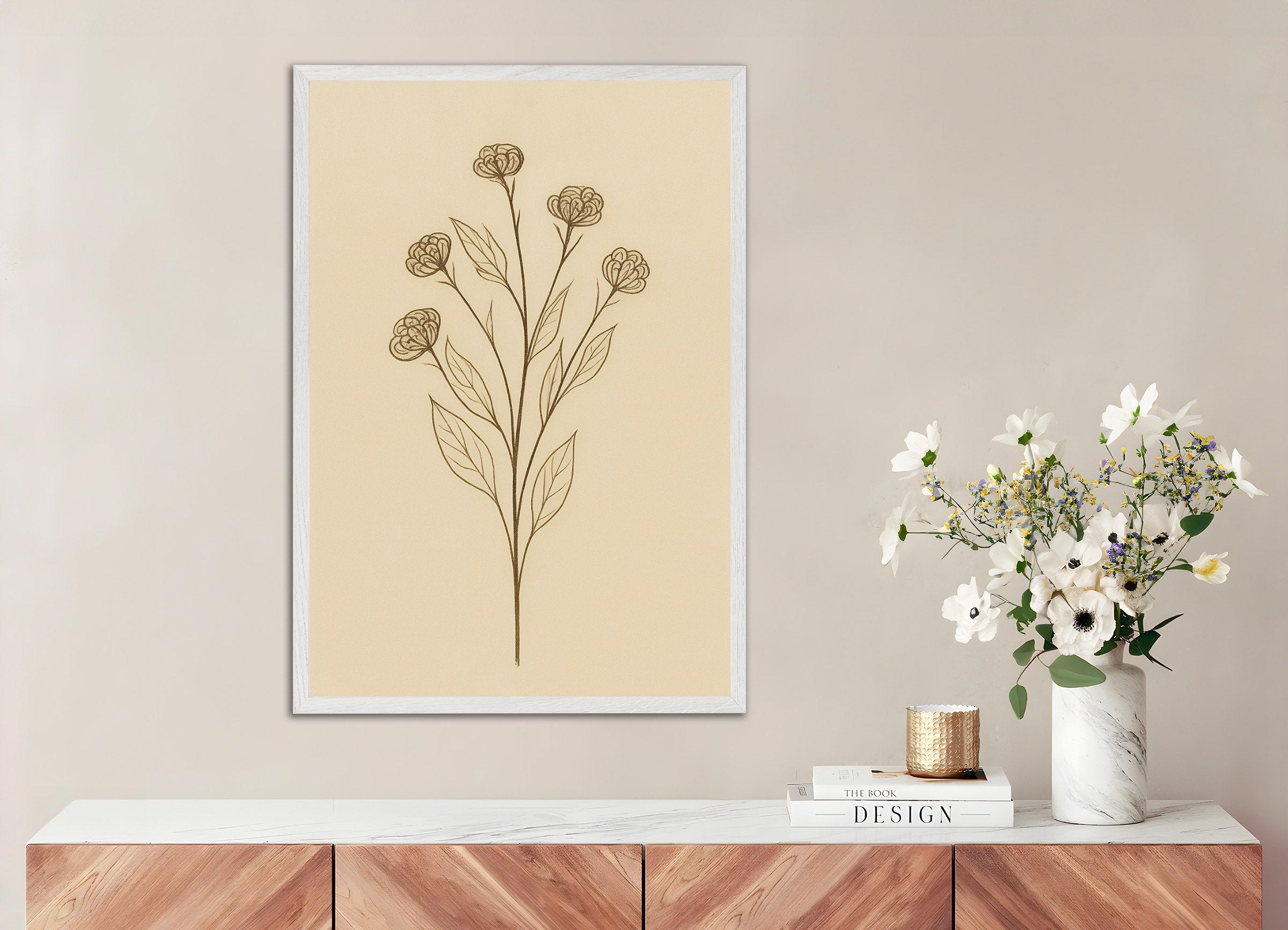Poster of Dried Statice Poster – Autumn Botanical Art, with white wooden frame