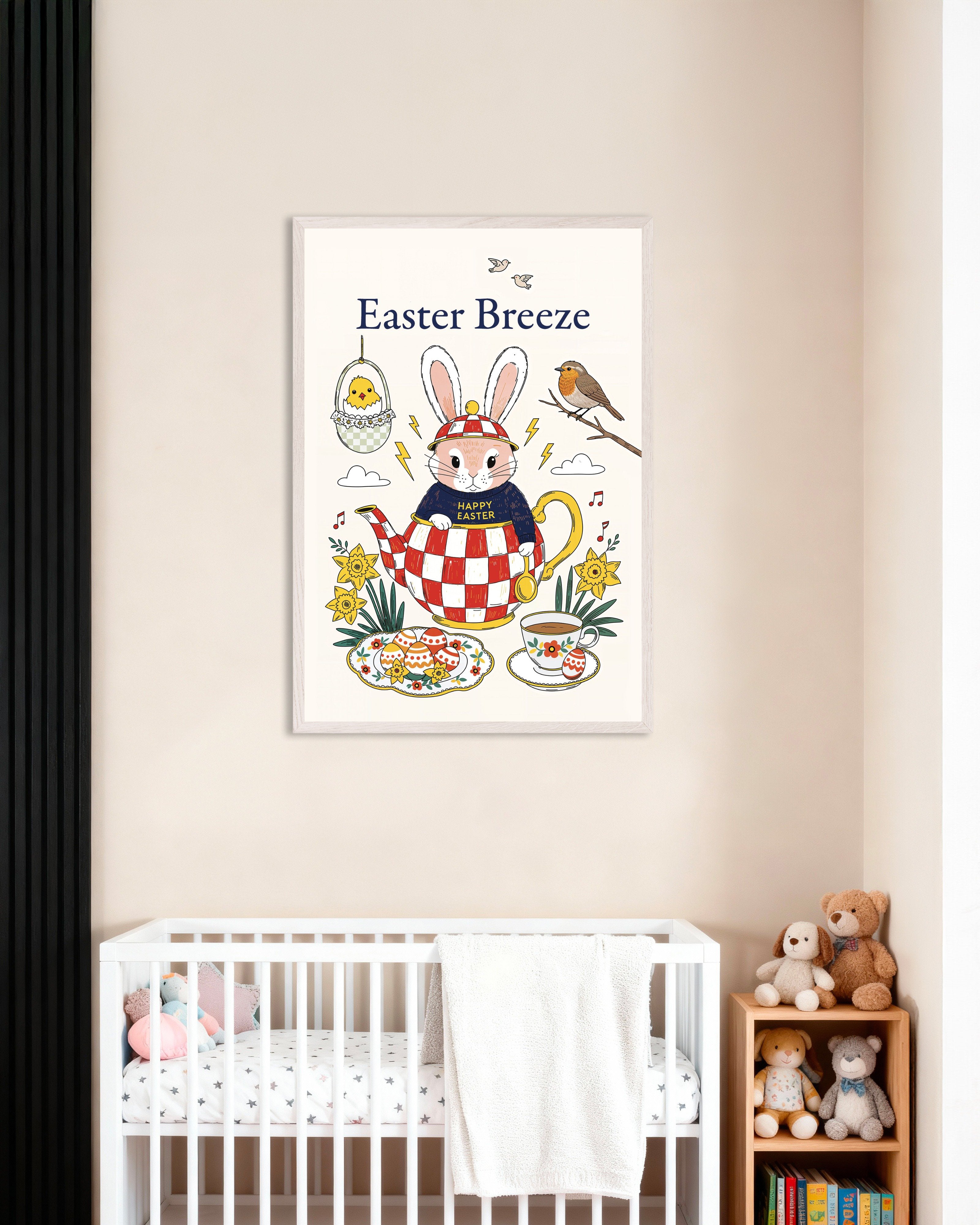 Poster of Easter Breeze - Bunny Teapot and Daffodils Poster, with white wooden frame