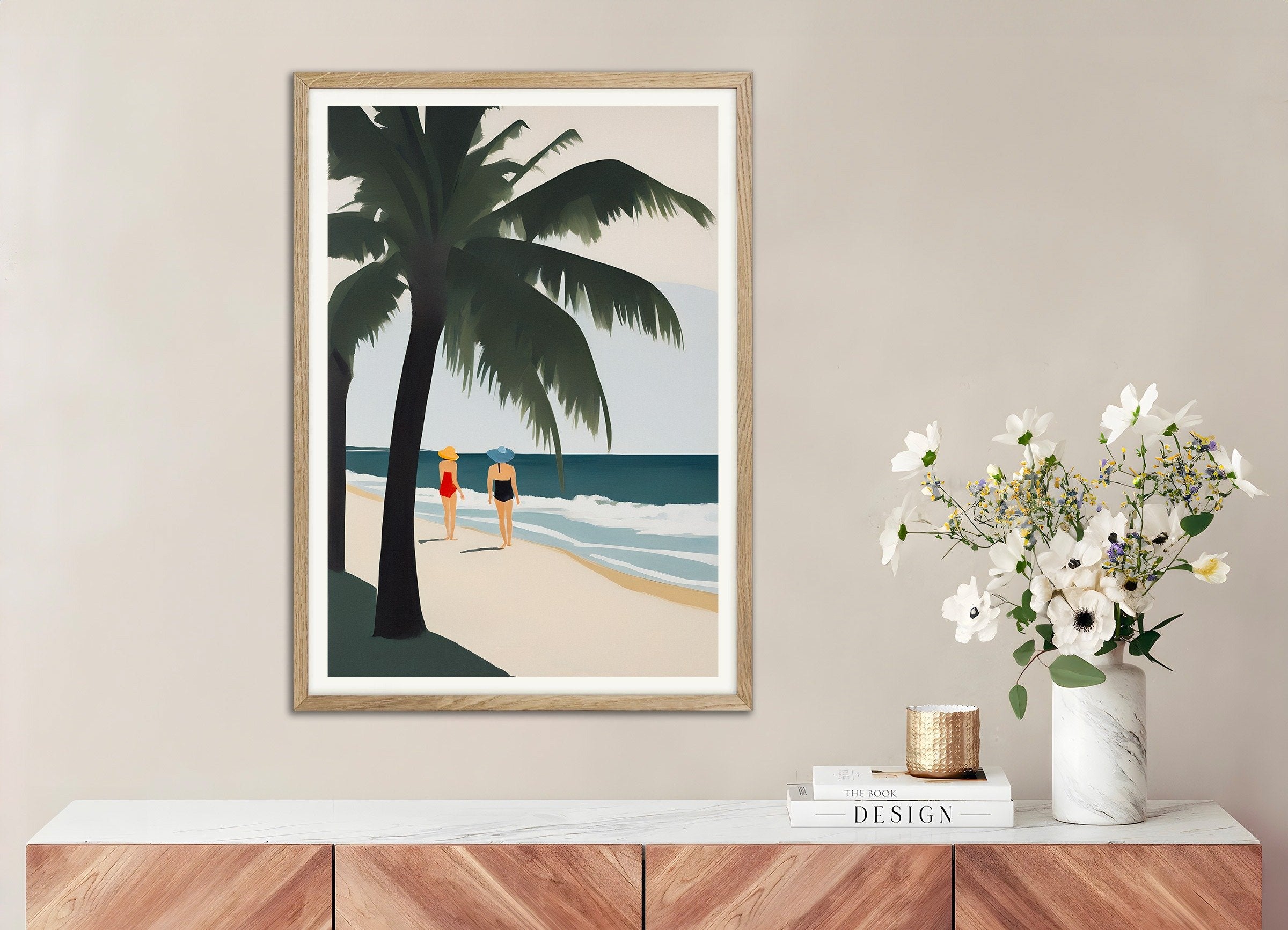Poster of Émilie & Natacha on the Beach - Tropical Paradise Art Print, with natural wooden frame