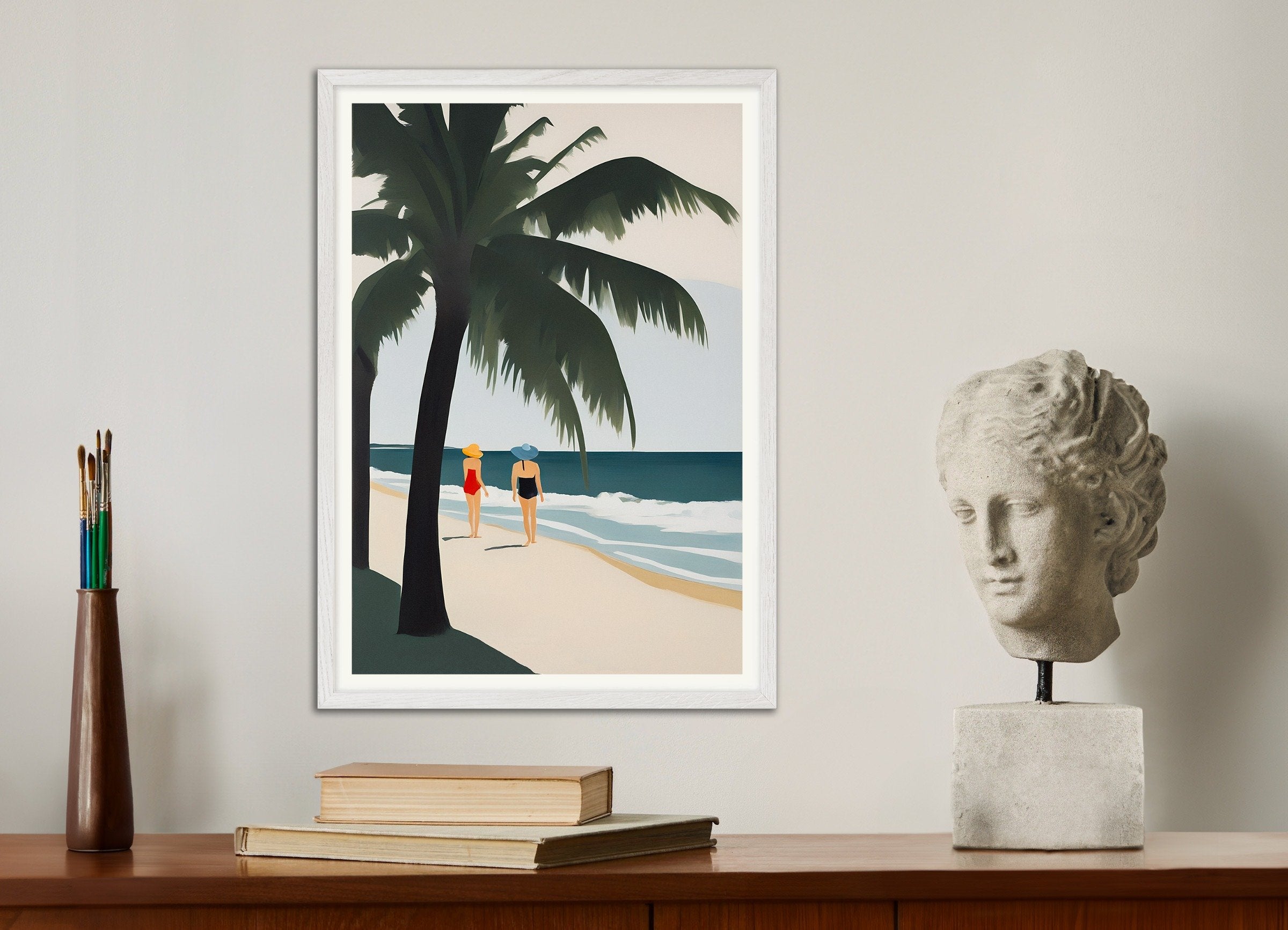 Poster of Émilie & Natacha on the Beach - Tropical Paradise Art Print, with white wooden frame