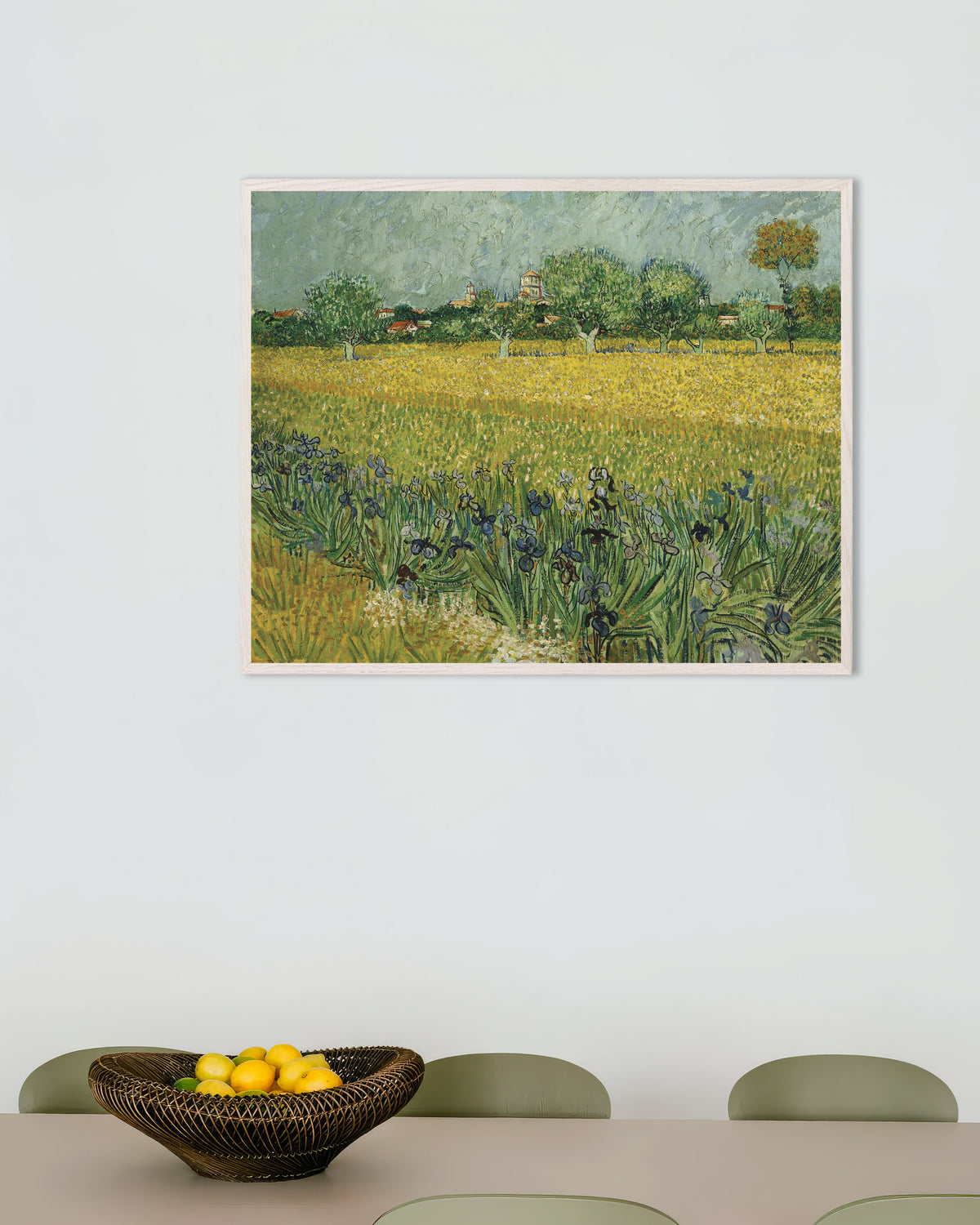Poster med Fält med iris nära Arles (1888) av Vincent van Gogh, med vit träram