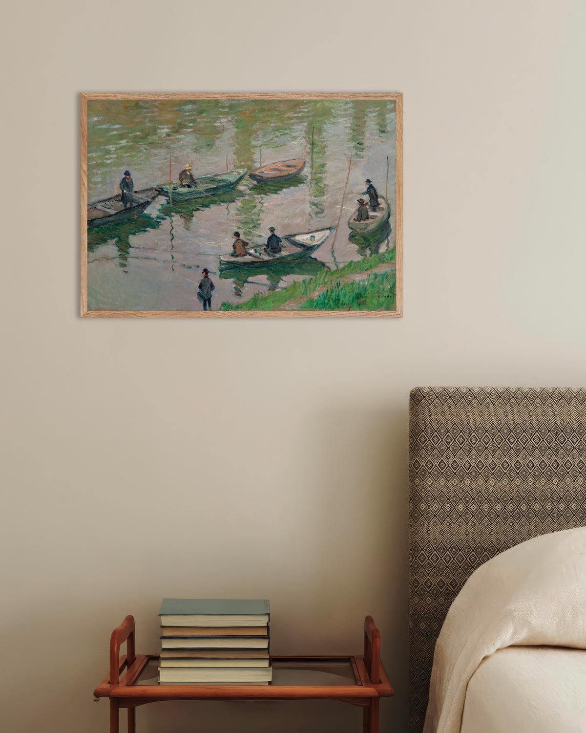 Poster Fiskare på Seine vid Poissy (1882) av Claude Monet med ram i naturträ