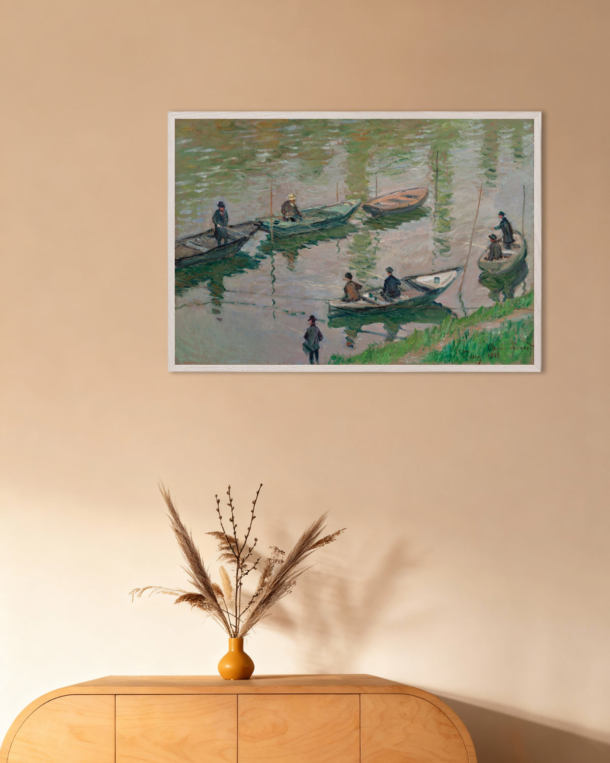 Poster Fiskare på Seine vid Poissy (1882) av Claude Monet med vit träram