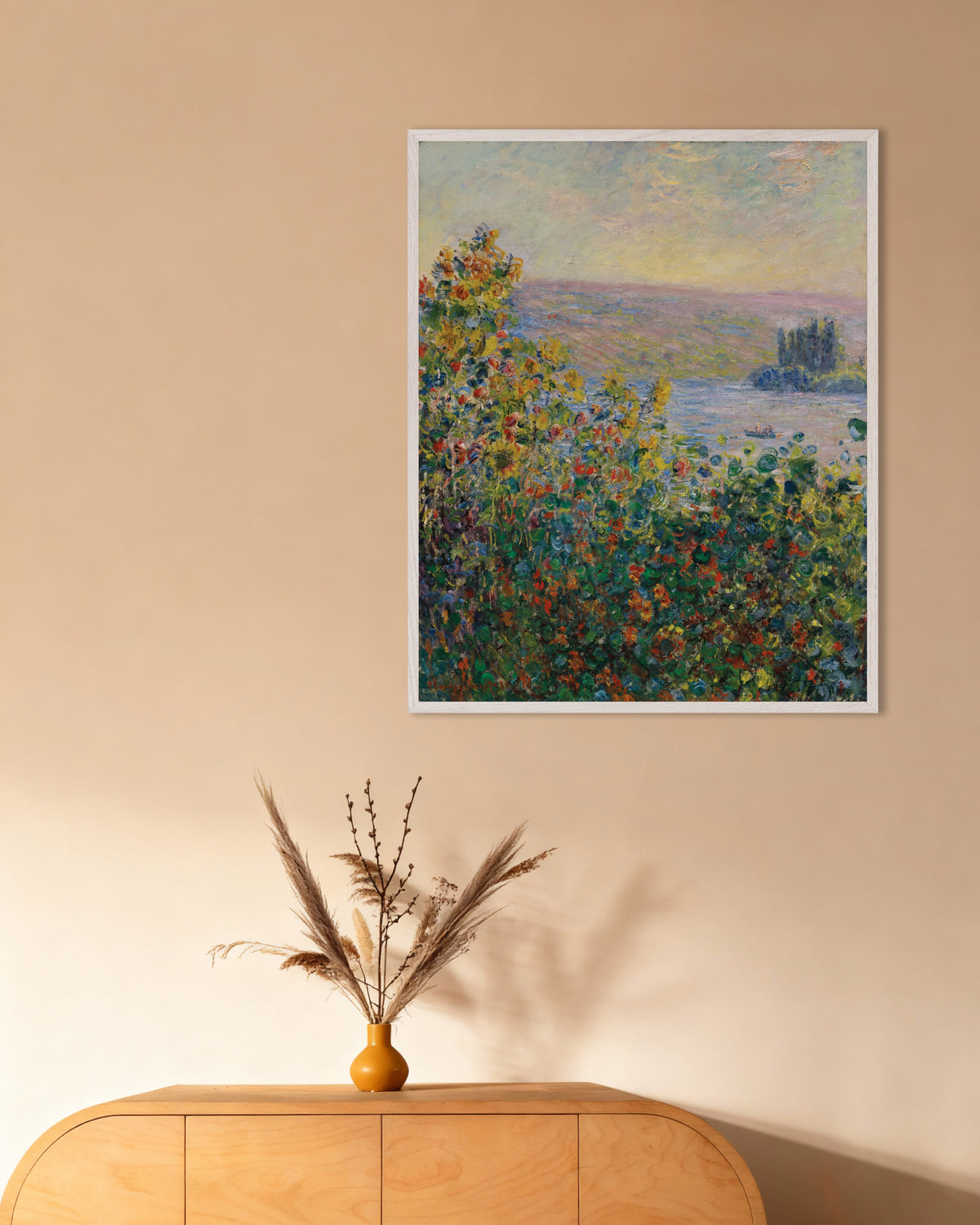 Poster Rabatter i Vétheuil (1881) av Claude Monet med vit träram