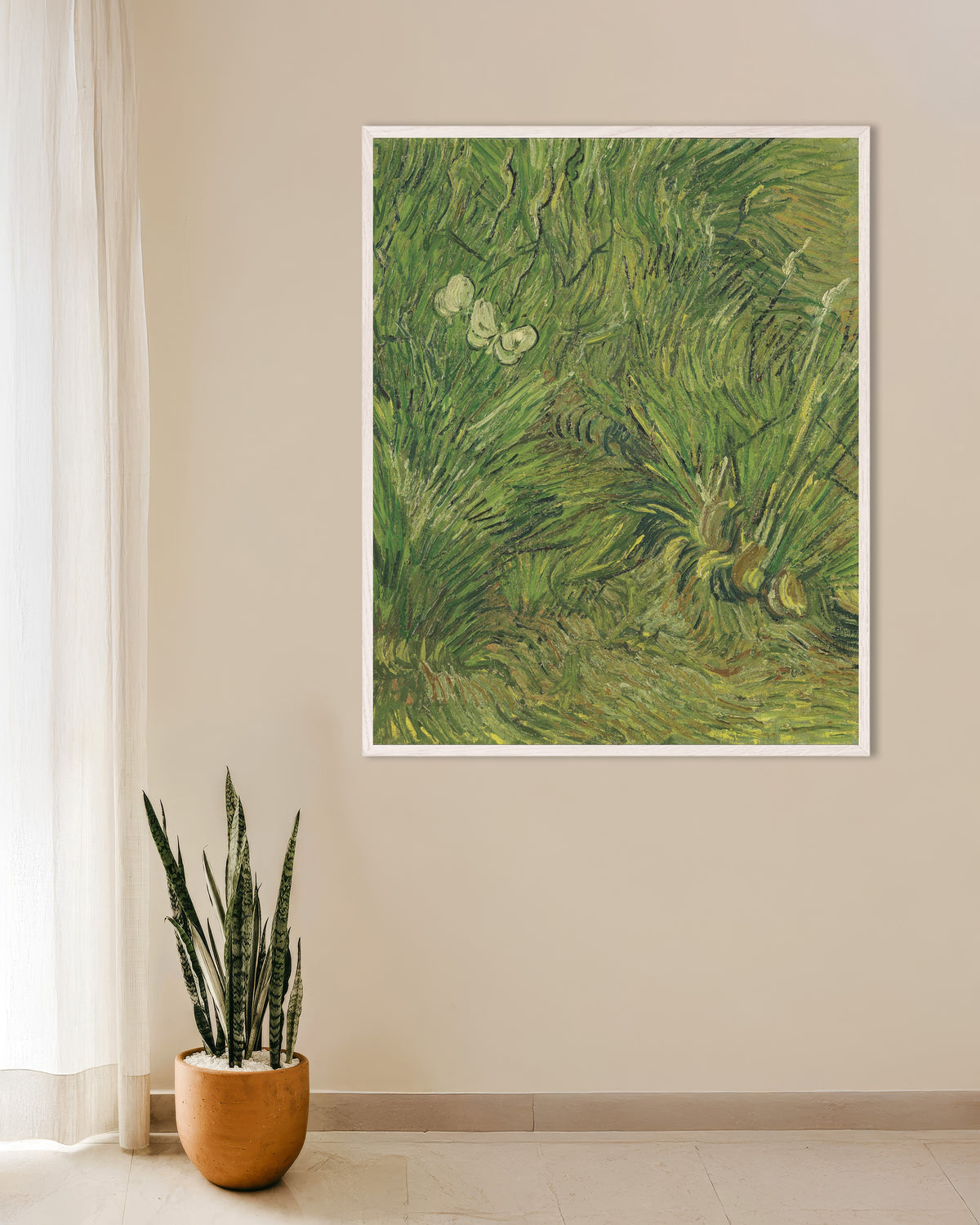 Poster med Trädgård med fjärilar (1889) av Vincent van Gogh, med vit träram