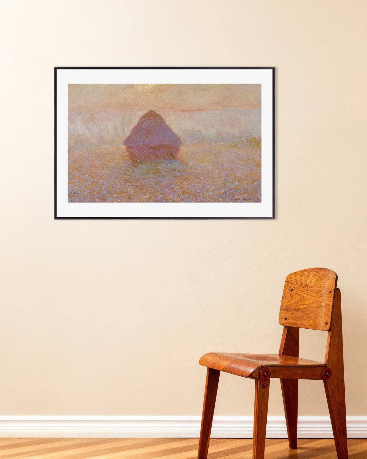 Poster Sädesstack, sol i dimman (1891) av Claude Monet med metallram