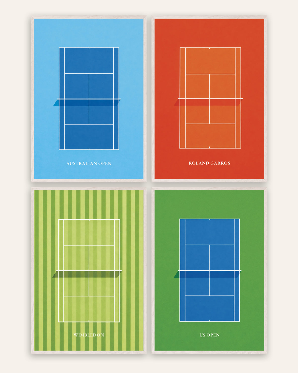 Grand Slam-tennisposters, set med 4: Australian Open, Roland Garros, Wimbledon och US Open, i vita ekramar