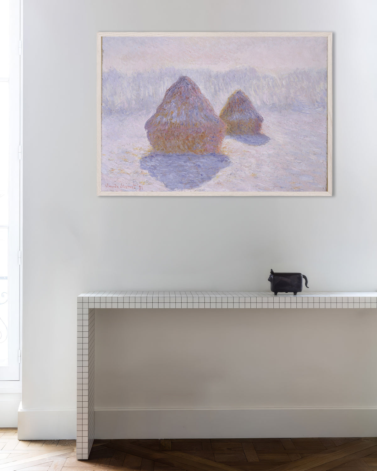 Poster Sädesstackar, snö och sol (1891) av Claude Monet med vit träram
