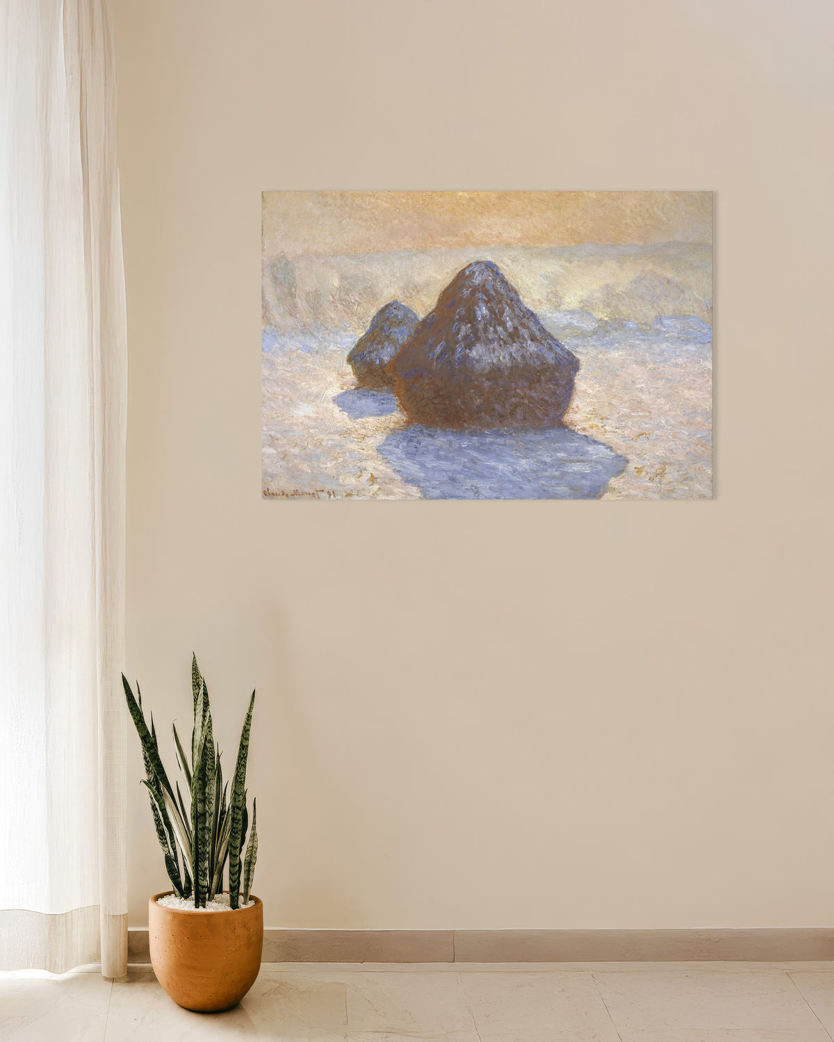 Poster Sädesstackar, snöeffekt (1891) av Claude Monet