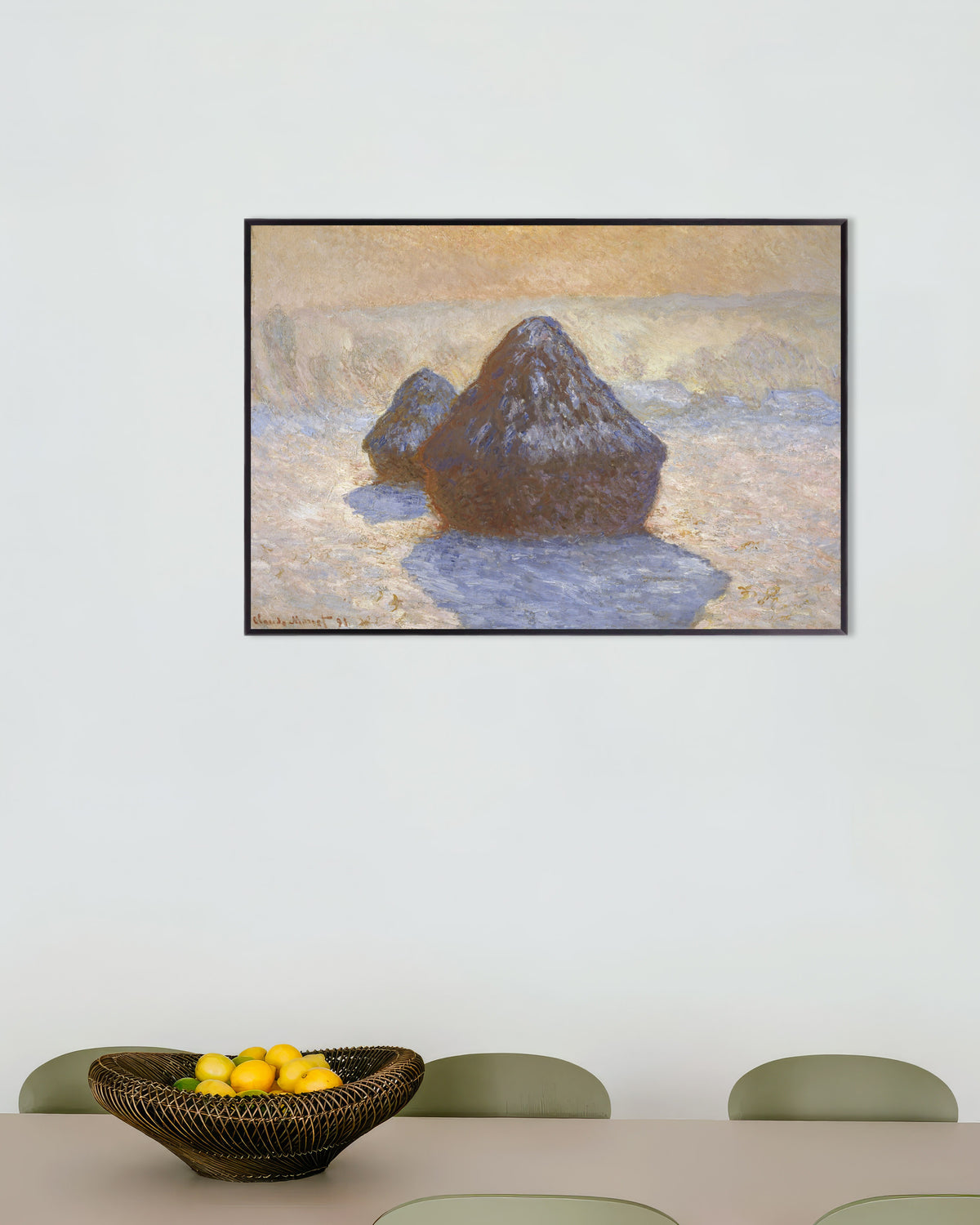 Poster Sädesstackar, snöeffekt (1891) av Claude Monet med metallram