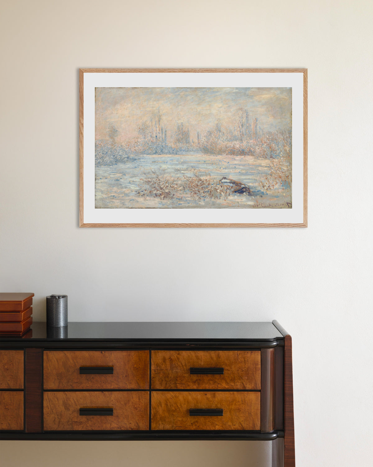 Poster Rimfrost (1880) av Claude Monet med ram i naturträ