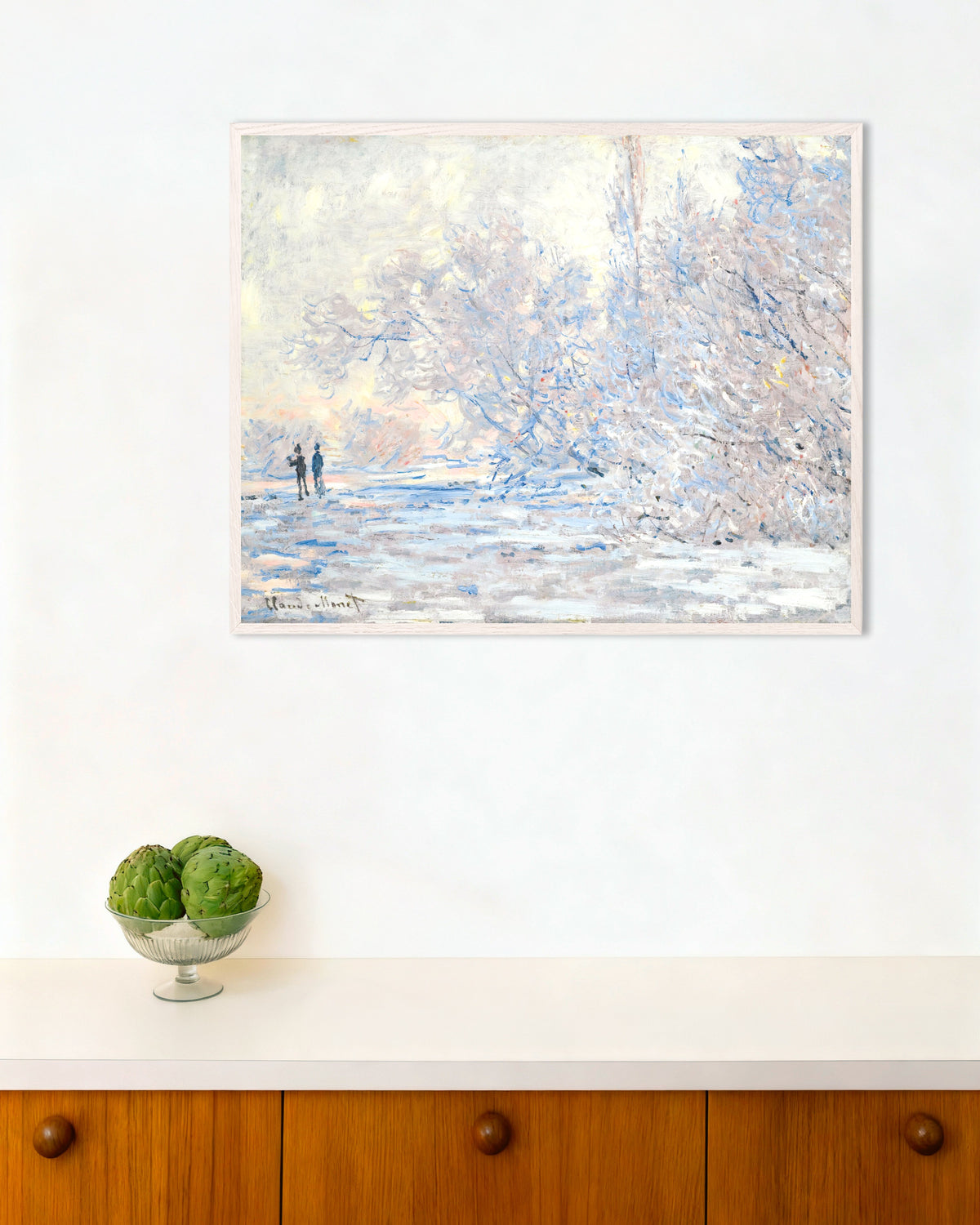 Poster Rimfrost i Giverny (1885) av Claude Monet med vit träram