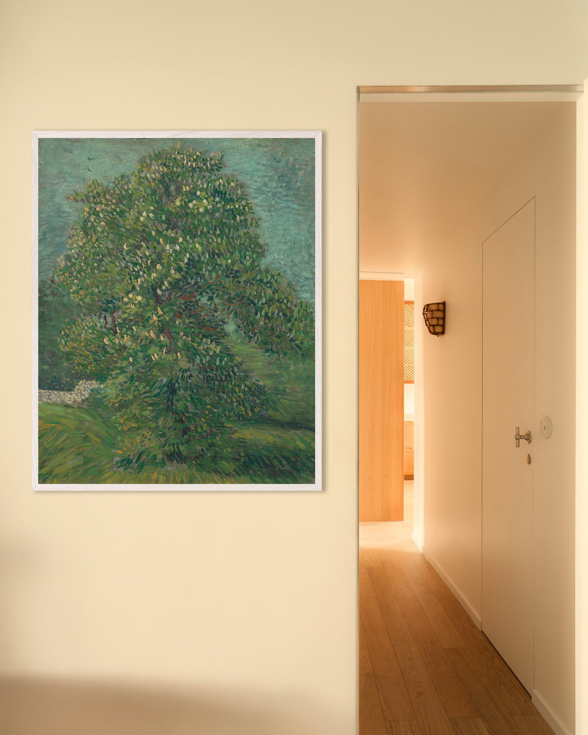 Poster med Hästkastanj i blom (1887) av Vincent van Gogh, med vit träram
