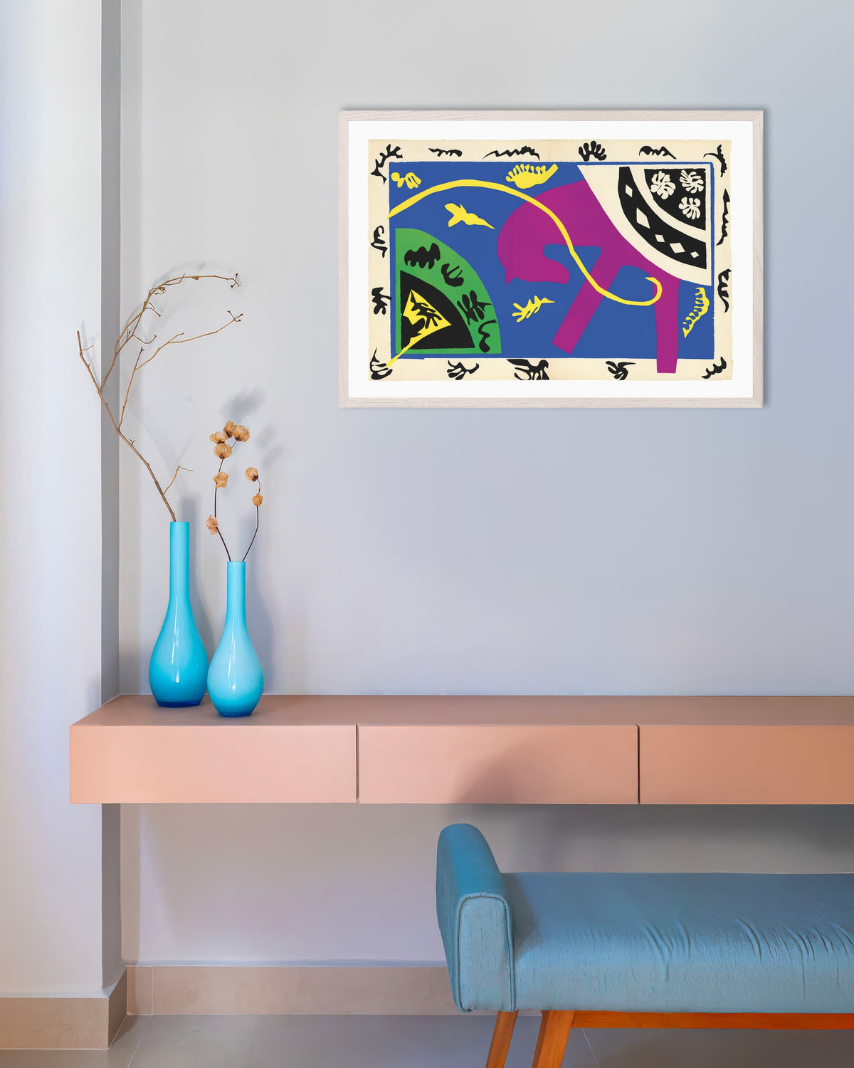 Poster med Häst, ryttare och clown (Jazz, 1947) av Henri Matisse, med vit träram