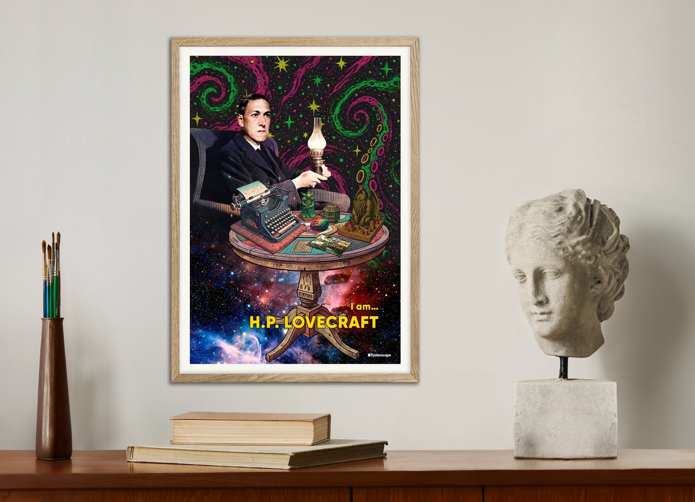 Poster of H.P. Lovecraft Art Print - Cosmic Horror Portrait, with natural wooden frame