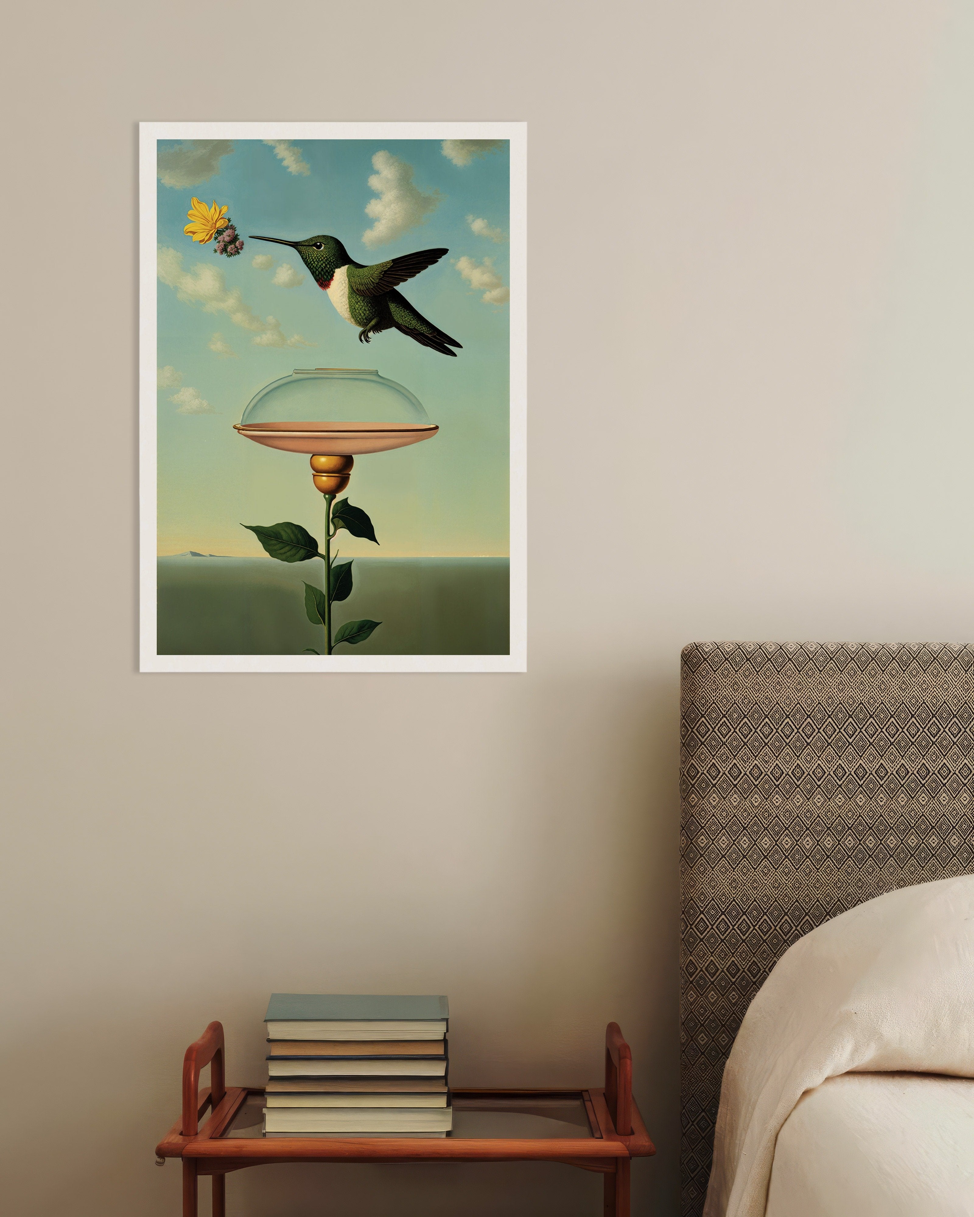 Poster of Hummingbird and Glass Cloche, A Magritte Homage
