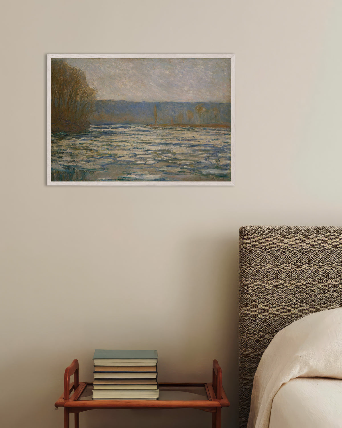 Poster Islossning på Seine nära Bennecourt (1893) av Claude Monet med vit träram
