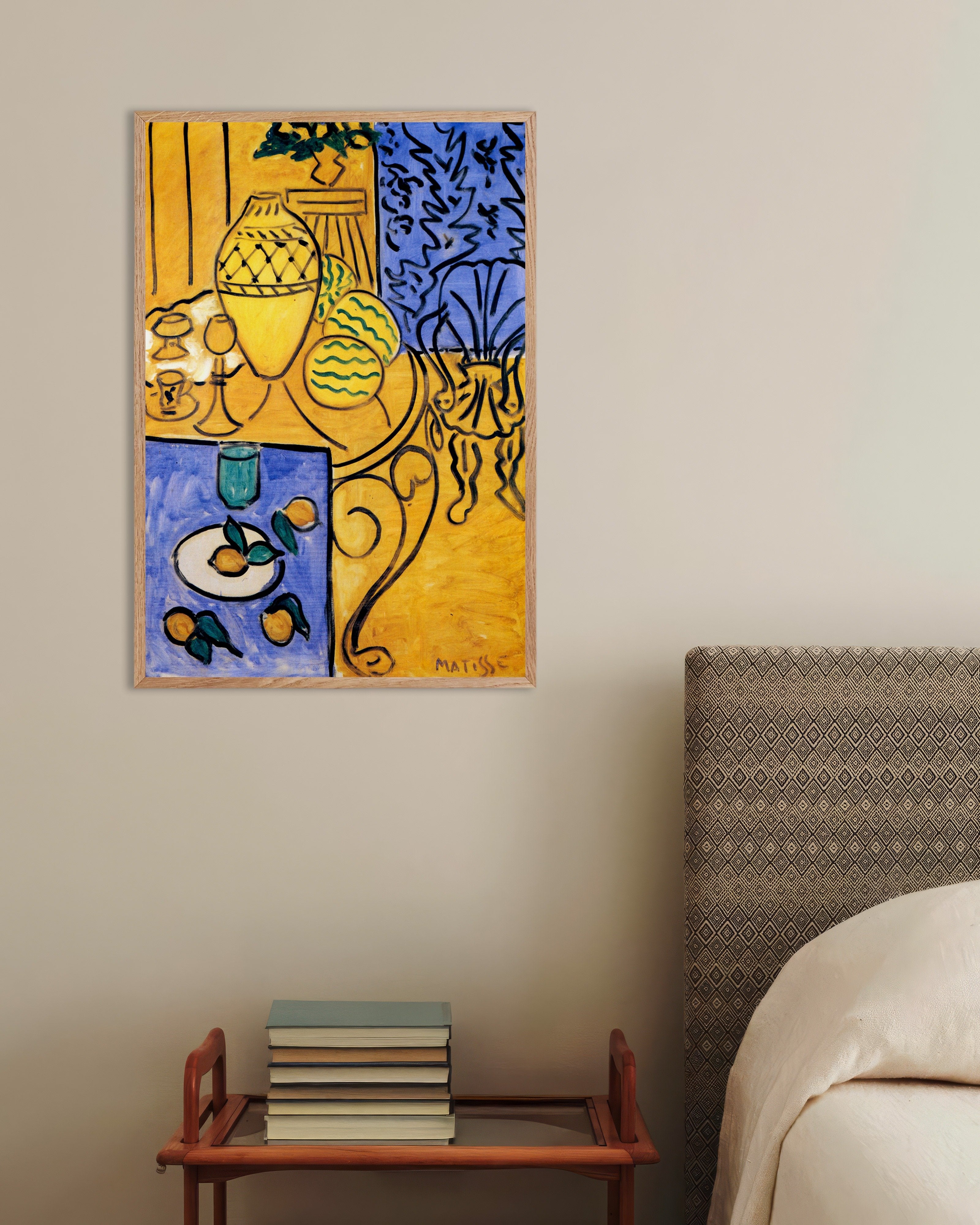 Poster of Interior, yellow & blue (1946) by Henri Matisse, with natural wooden frame