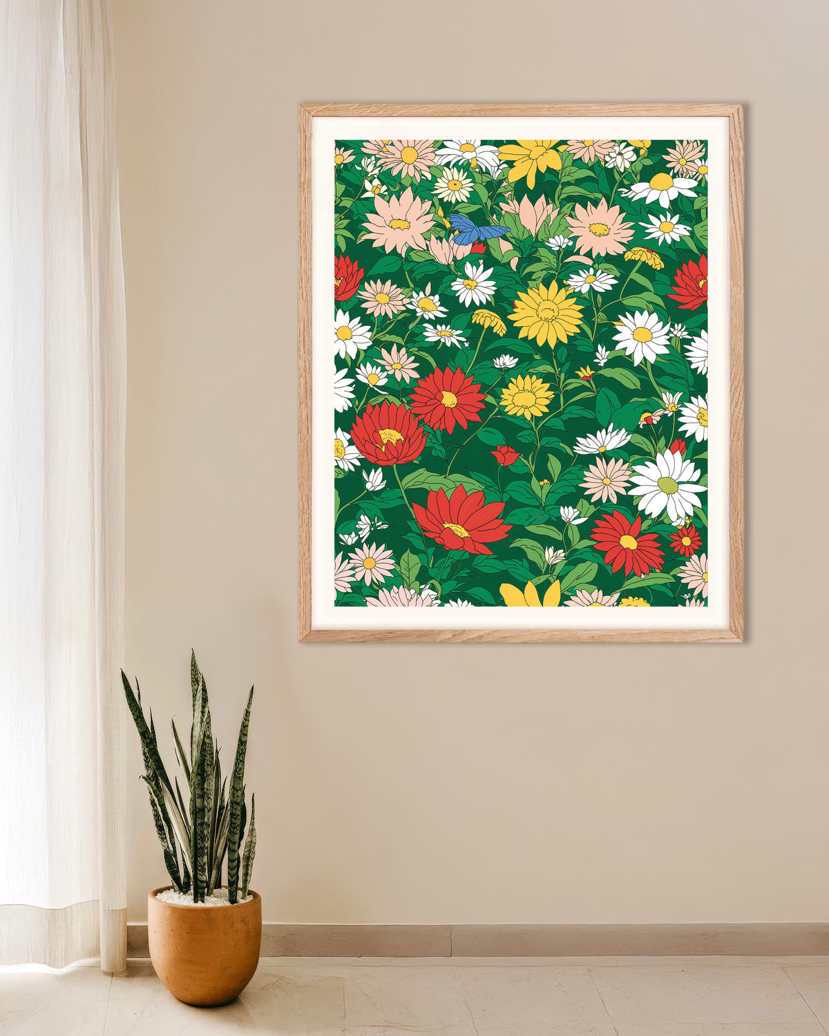 Poster av Japansk animationsstudio, blommor, med ram i naturligt trä