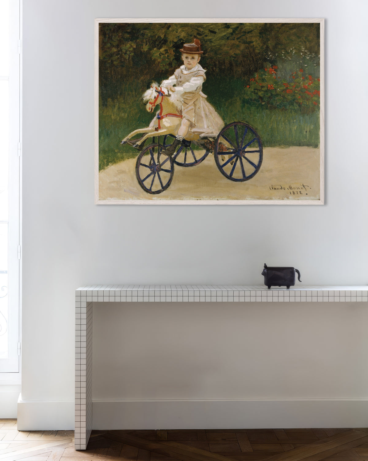 Poster Jean Monet på sin käpphäst (1872) av Claude Monet med vit träram