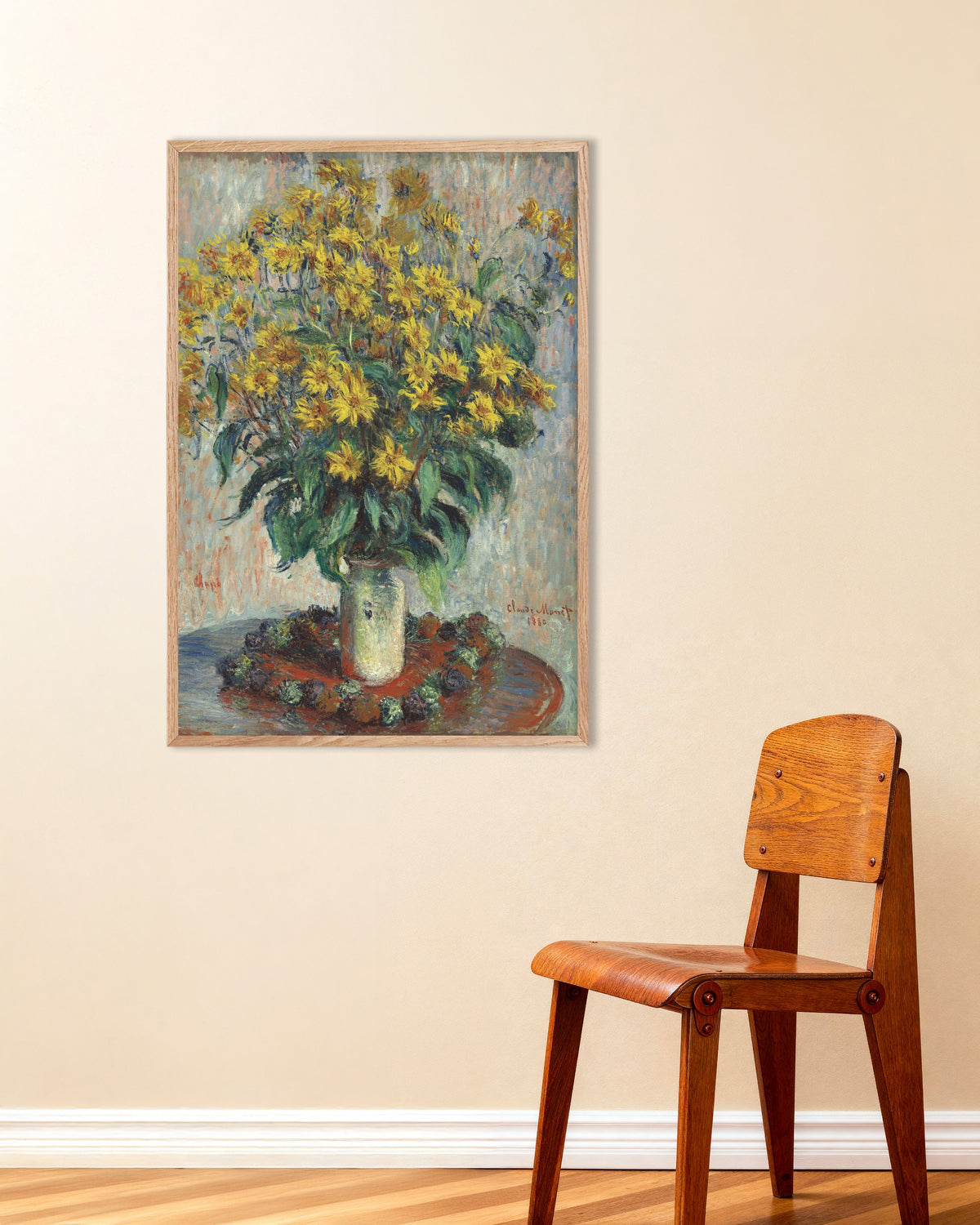 Poster Jordärtskocksblommor (1880) av Claude Monet med ram i naturträ