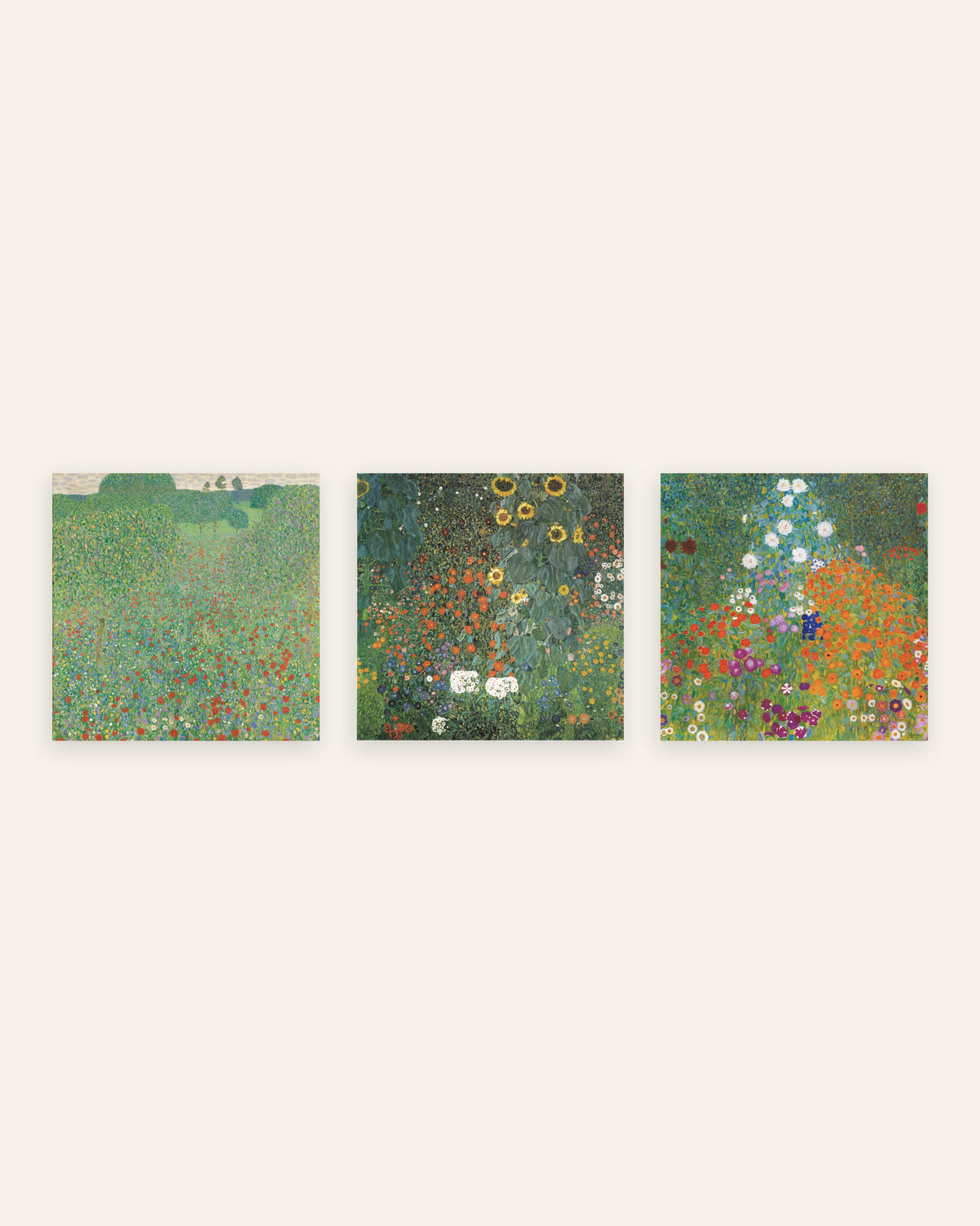 Klimt-posters, set med 3: Vallmofält, Bondeträdgård med solrosor och Bondeträdgård, utan ram